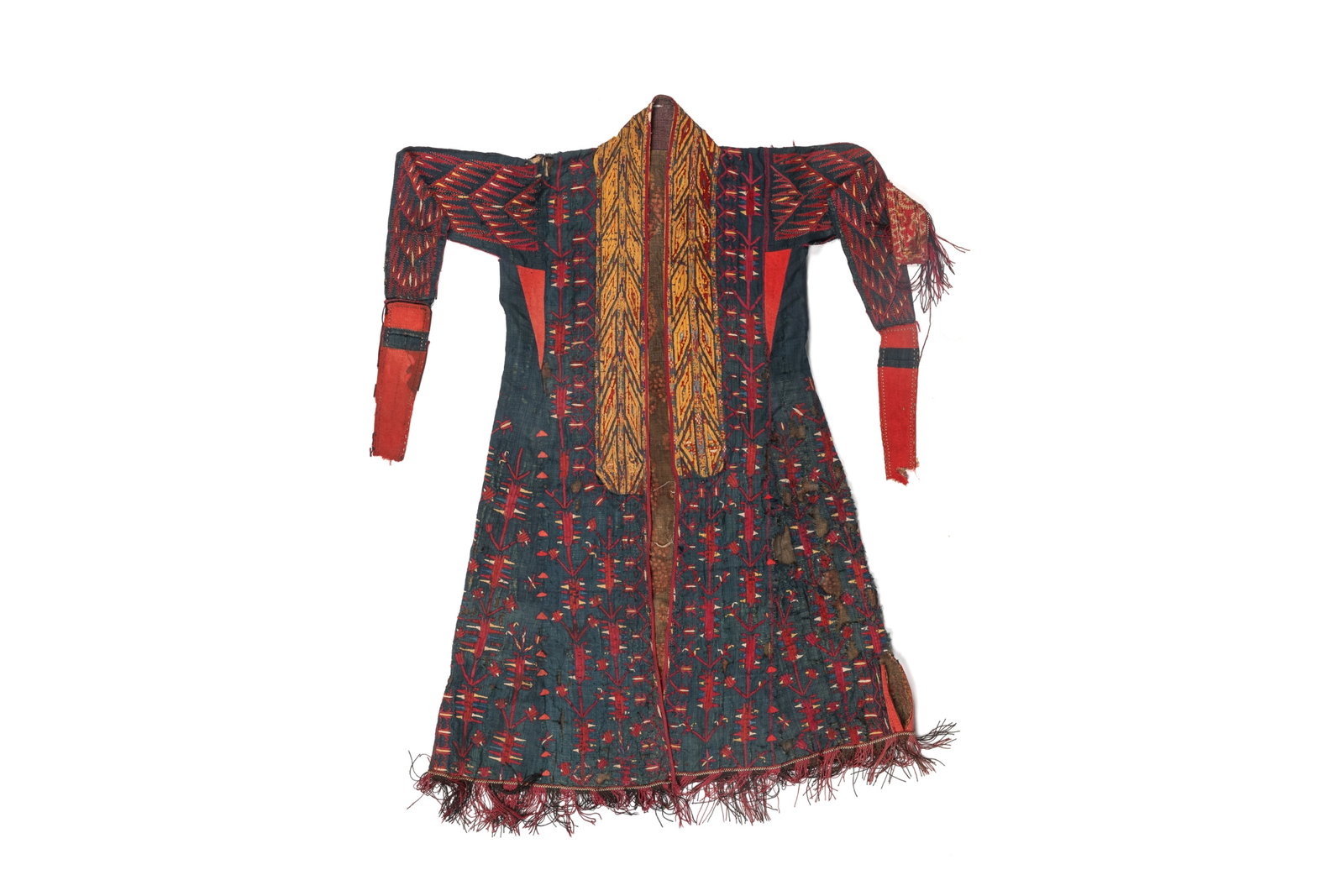 ANTIQUE TURKMEN LADY'S EMBROIDERED CEREMONIAL ROBE: A striking traditional central Asian embroidered robe, probably originating from the Afghanistan-Uzbekistan/Tajikestan cultural sphere. The Garment is constructed in a deep indigo-blue textile and