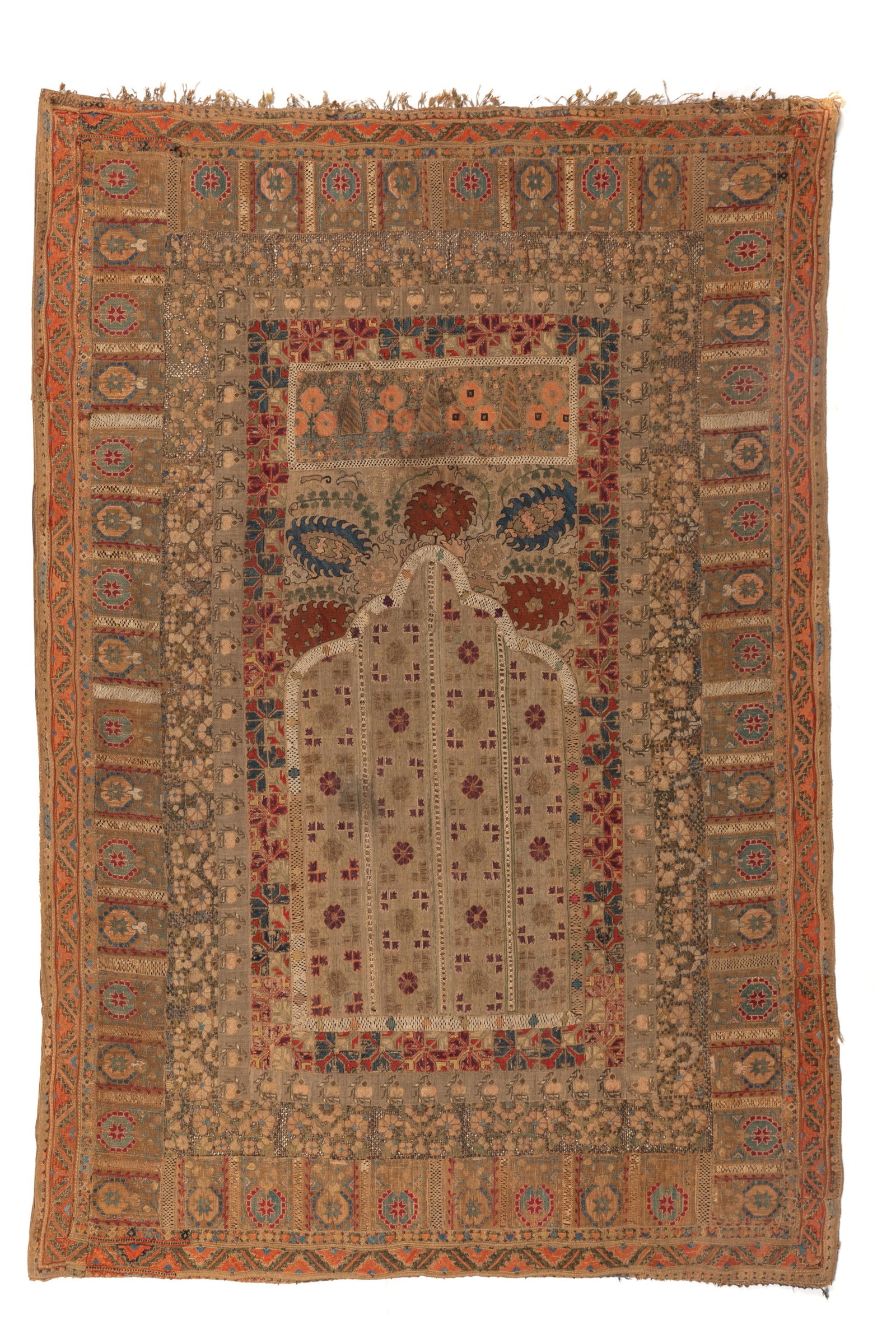 ANTIQUE OTTOMAN EMBROIDERED MIHRAB PRAYER TEXTILE: 19th century or earlier with saz leaf embroidery and metallic embroidery. H 62 1/2in x L 43in