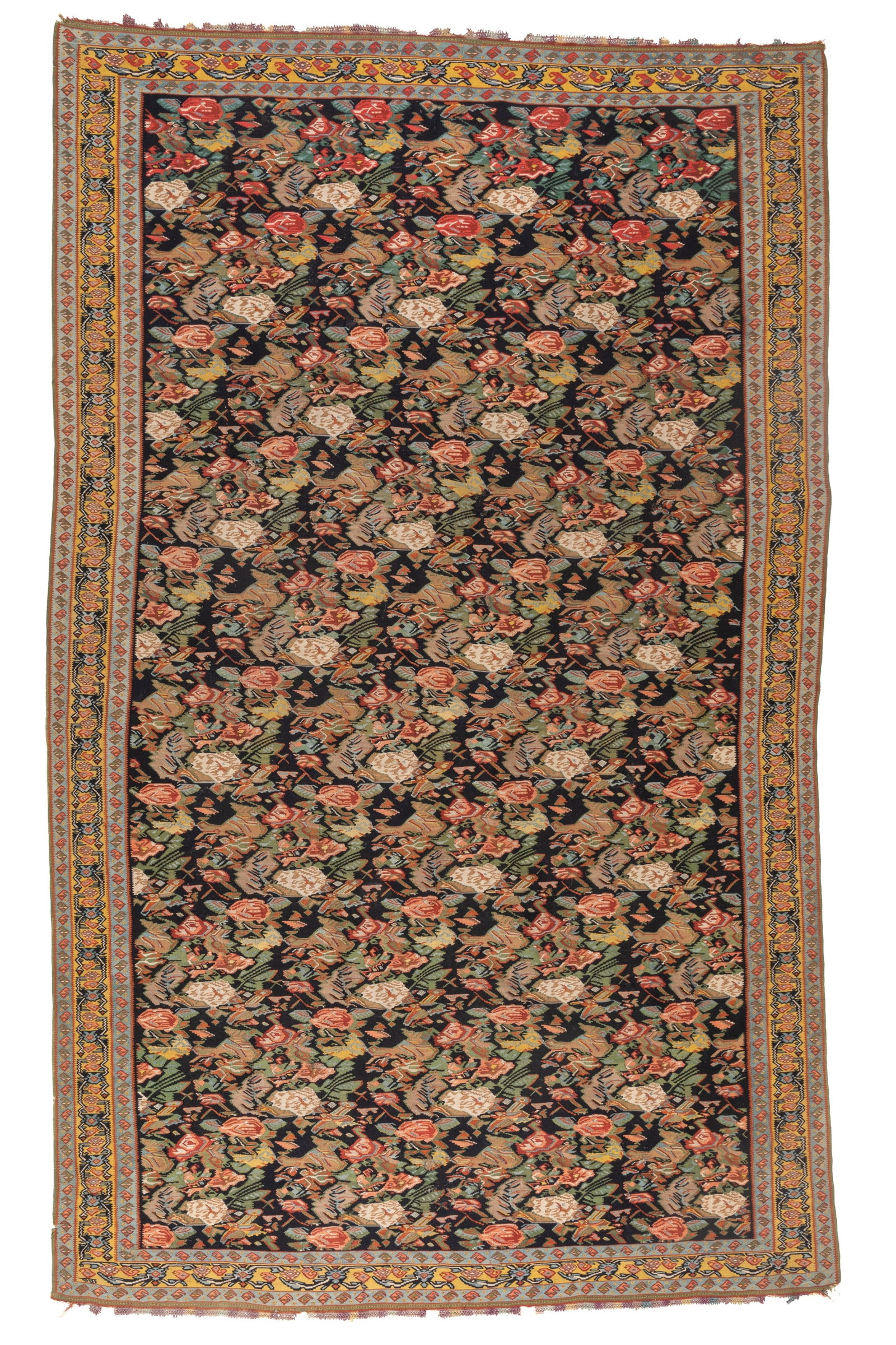 ANTIQUE PERSIAN SENNEH FLAT WEAVE RUG: Dark indigo/navy ground with dense, repeating rose and floral bouquets. Highly detailed flat woven appearance and light blue and yellow decorative borders. 7ft x 4ft 2in