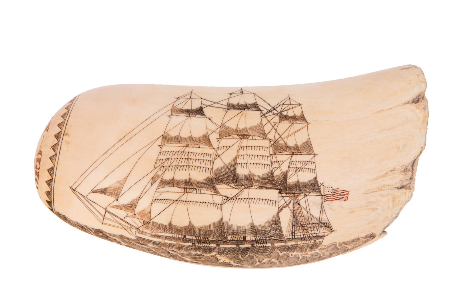AMERICAN INFLUENCE SCRIMSHAW OF TIMOLEAN SHIP: Engraved with a large sailing ship, American flag, reverse of a younge woman in floral wreath, end Inscribed with " Timolean New Bedford." Age unknown. Measurements: 16cm x 8cm