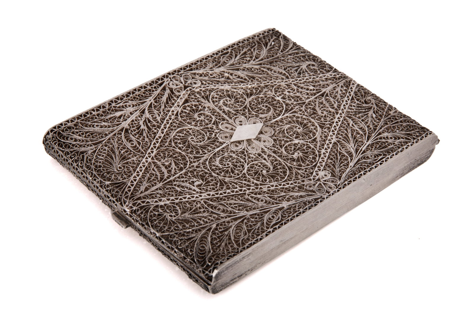 SILVER FILIGREE CIGARETTE CASE, 86g: A silver filigree cigarette case, late 19th to 20th century. Overall weight 86grams L. 4 1/4in x W. 3in (10.9cm x 7.7cm)