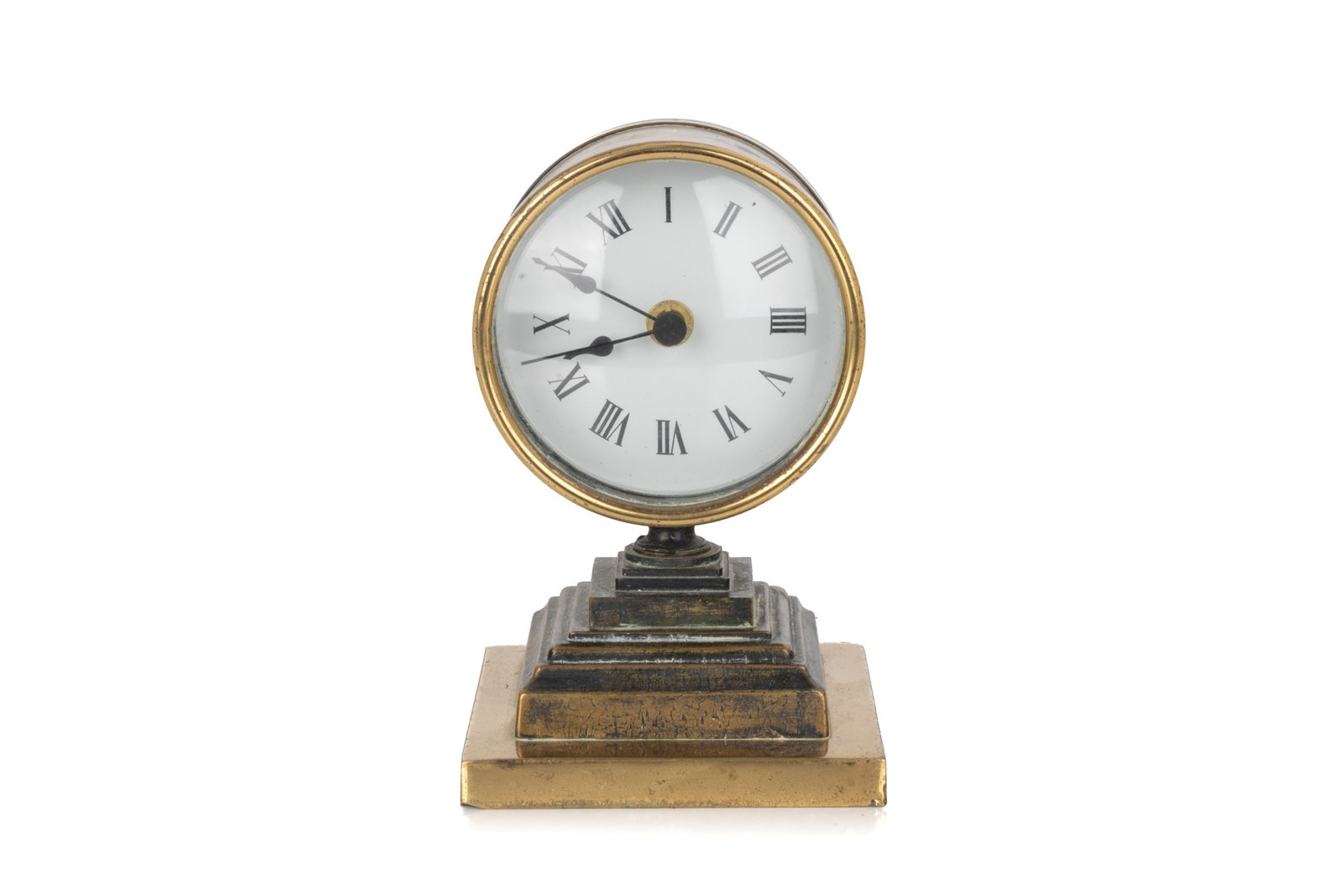 ANTIQUE BRASS TABLE CLOCK: H 7in x L 4 1/2in