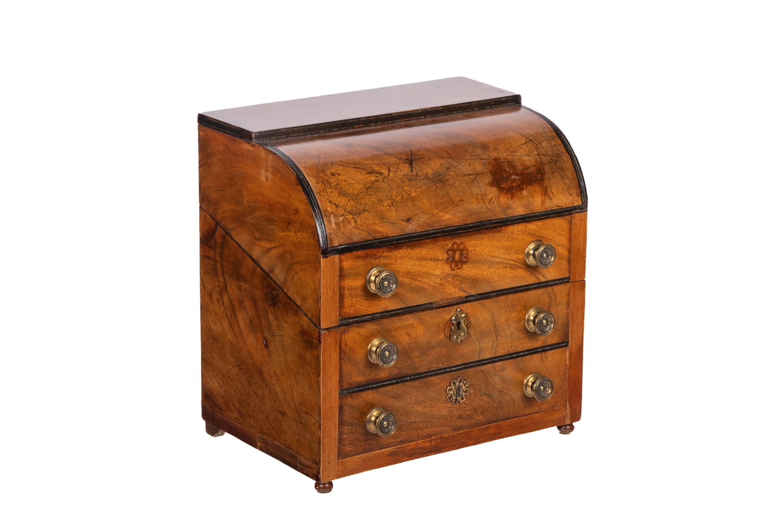 MINIATURE FRENCH EMPIRE DOCUMENT BOX: In the form of a desk with ebonized details, opens with green felt lining. H 12 1/2in x W 13in x D 8 1/2in