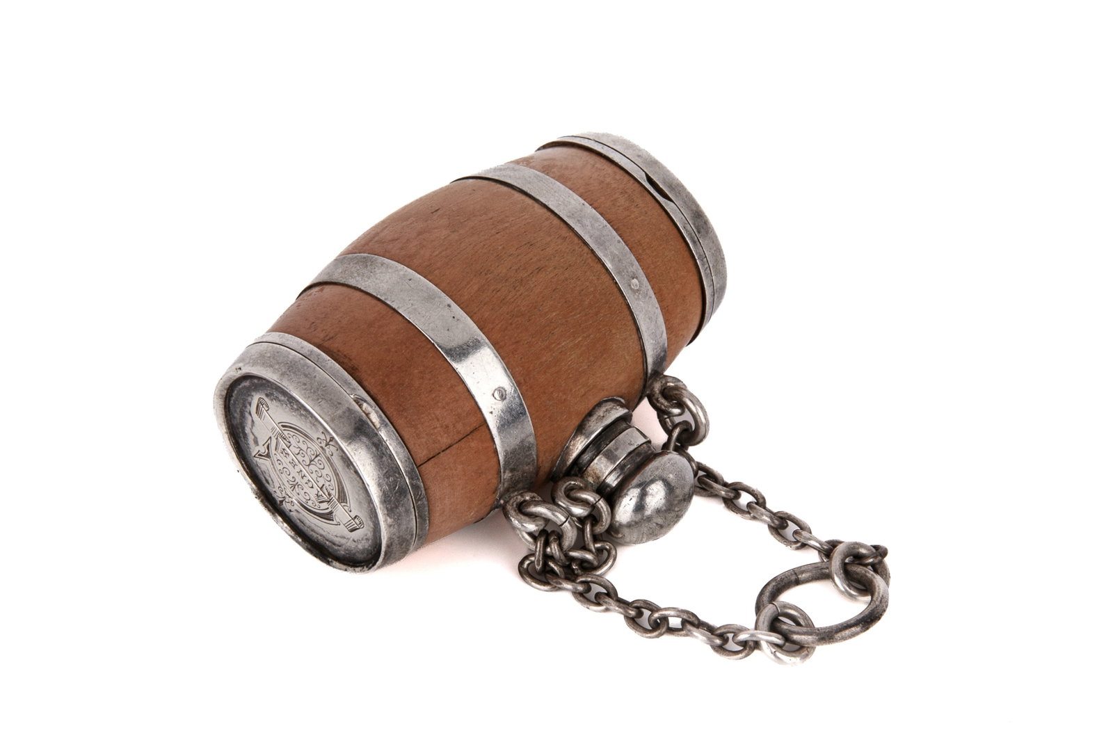 MORDAN BARREL FORM VINAIGRETTE PILL& SCENT BOTTLE: Novelty wood with silvered metal mounts, marked S. Mordan & Co. London for Samson Mordan. L. 2 1/4in x W. 1 3/4in (5.6cm x 4.4cm)