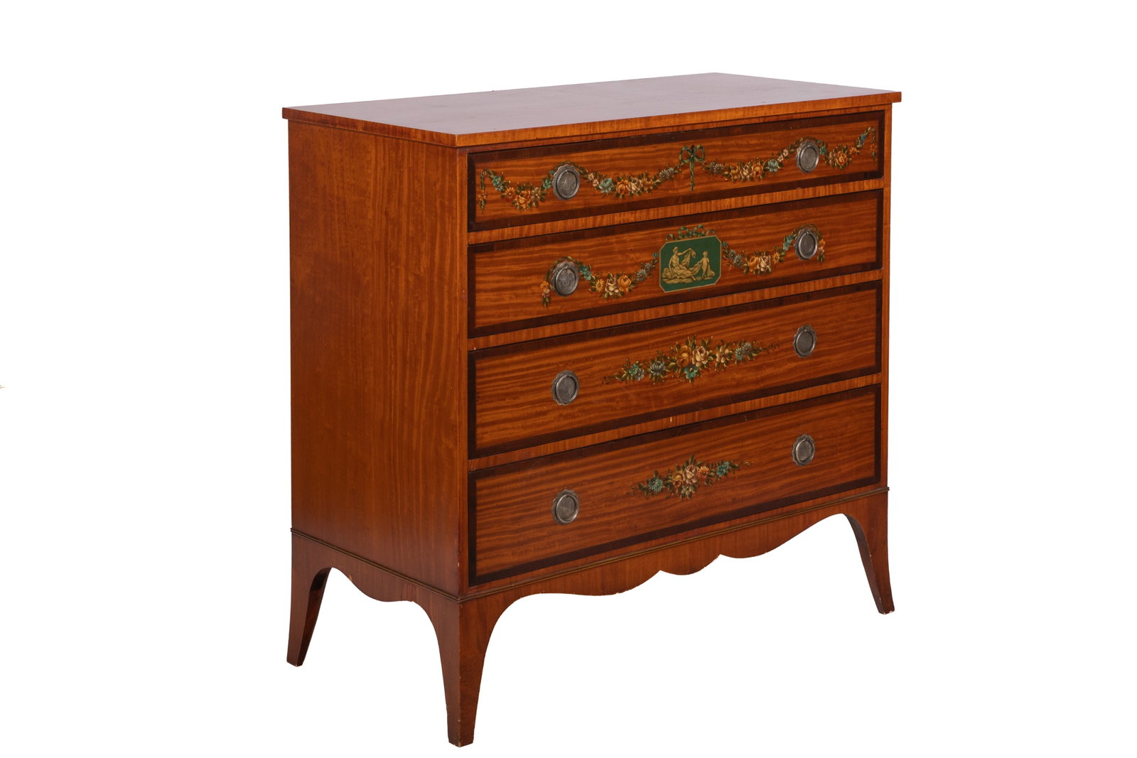ANTIQUE AMERICAN SATINWOOD PAINTED CHEST: By John Widdicomb Co, Grand Rapids Michigan. H 39in x W 41in x D 20in
