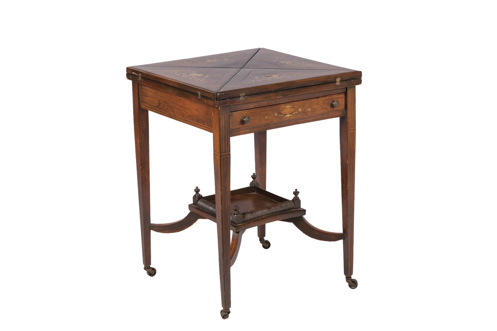 VICTORIAN ROSEWOOD FOLD IN GAMES TABLE: Mixed inlay, single drawer and original casters. H 28in x W 20 1/2in x D 20 1/2in