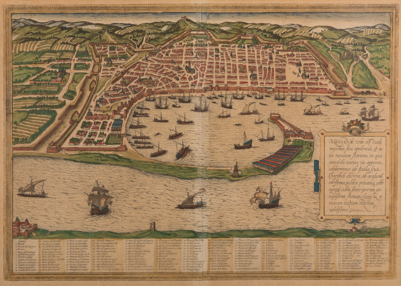 BRAUN & HOGENBERG. VIEW OF MESSINA, SICILY (1575): Hand-coloured copper-plate map of Messina, Sicily, excerpted from Georg Braun & Frans Hogenberg's "Civitates Orbis Terrarum" (1575). Framed measurements: H. 21 1/4" x W. 25 1/4".