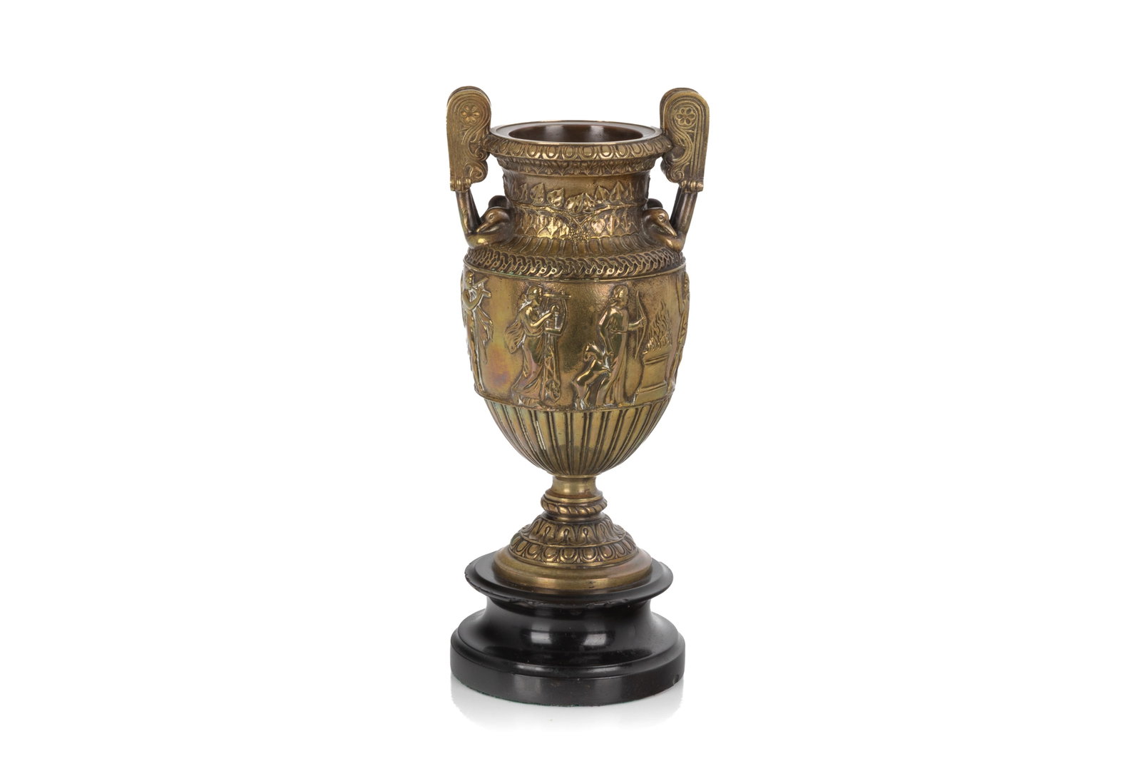 NEOCLASSICAL BRONZE URN: A neoclassical style cast bronze urn, featuring a classical amphora form with a gilt finish. The urn is flanked by two prominent scroll handles, each detailed with an embossed rosette motif. The neck 