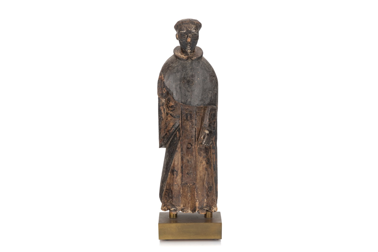 CARVED AND POLYCHROMED WOOD FIGURE OF ST. ANTHONY: Depicting St. Anthony with the holy bible in his left hand. Right arm is missing. Retains much of its paint -- an impressive detail still present is the design on his cincture. H. 13 1/4in (33.5cm)
