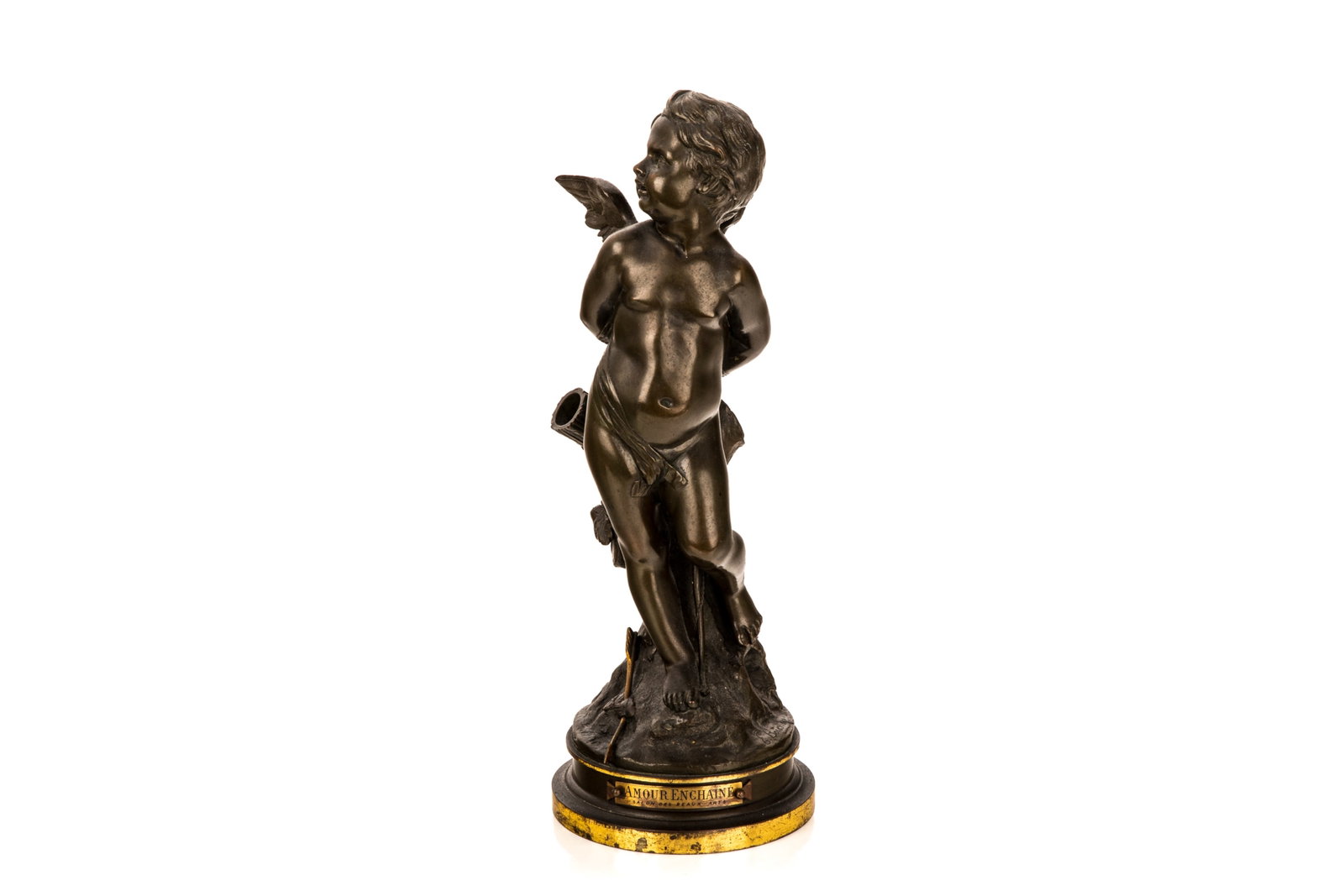 EMILE ANDRE BOISSEAU (French 1842-1923): A French allegorical figure titled "Amour Enchaine" (Chained Cupid). The sculpture depicts a winged cherub or putto standing in a classical pose with his hands bound behind his back. Mythological moti