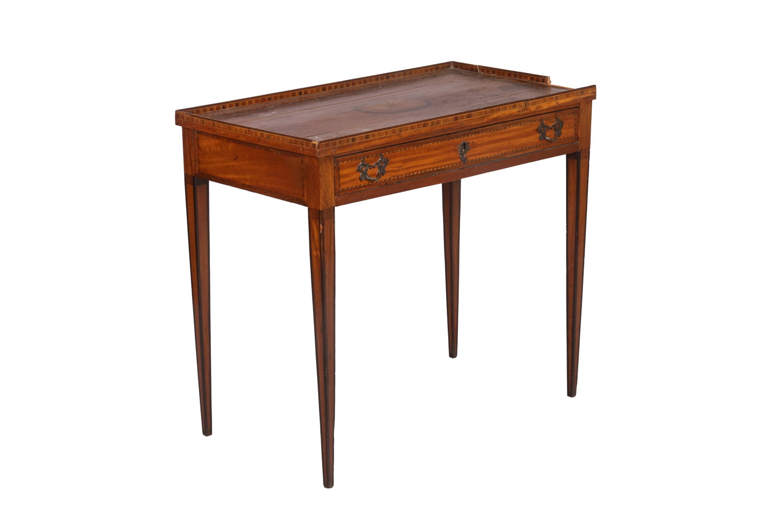 GEORGIAN SATINWOOD SINGLE DRAWER SIDE TABLE: Geometric wood gallery with single work drawer. H 28in x W 31in x D 17in