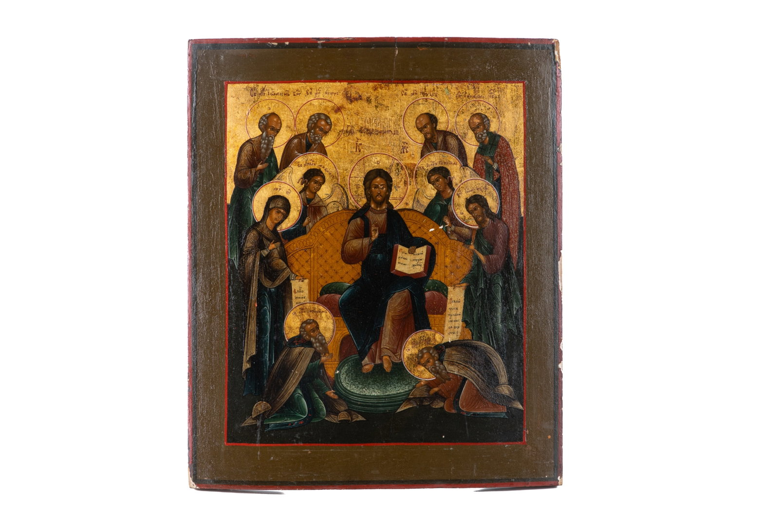 EASTERN ORTHODOX ICON PANEL: Eastern Orthodox painted and gilt icon panel depicting Christ Enthroned, flanked by saints. H. 17 1/2" x W. 14 1/2"