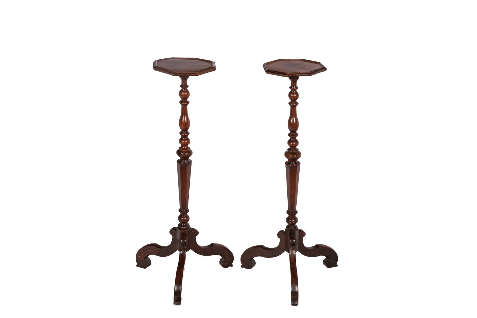 PAIR OF ENGLISH REGENCY MAHOGANY CANDLE STANDS: Tripod feet, turned legs and octagonal tops, English, early 19th C. in the manner of Charles II. H 34 1/2in