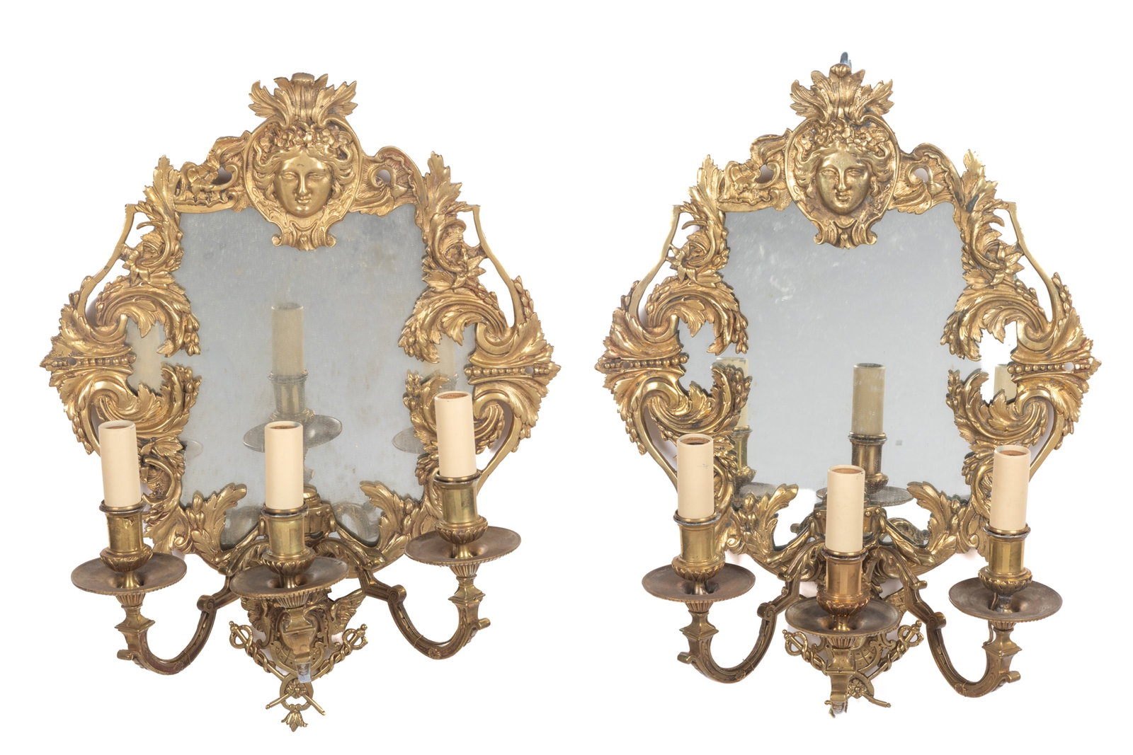 PAIR OF ANTIQUE BRASS MIRRORED WALL SCONCES (1 of 1)