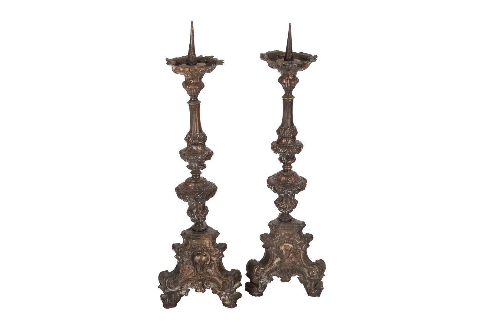 PAIR OF ANTIQUE SILVERED METAL CANDLE PRICKETS (1 of 3)