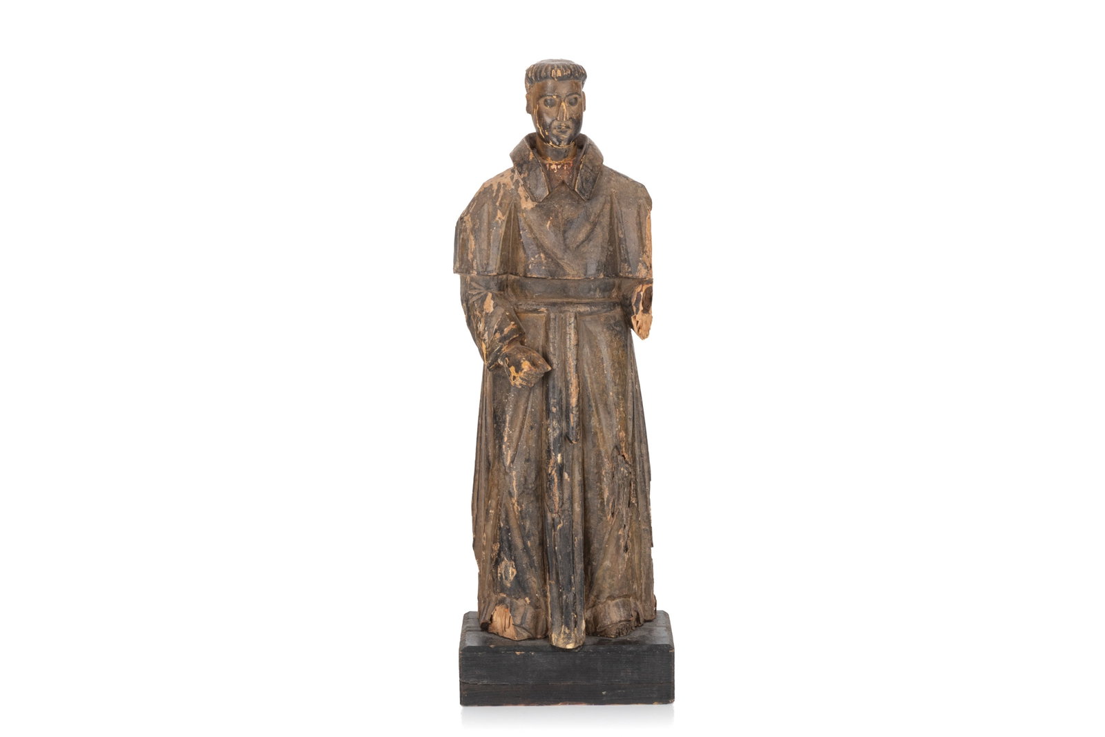 CARVED AND POLYCHROMED WOOD FIGURE OF ST. ANTHONY: Depicting St. Anthony with his right hand holding an item, likely a lily from the grip-size. Left arm is gone at the elbow. Retains much of its original paint. H. 19in (48.1cm)