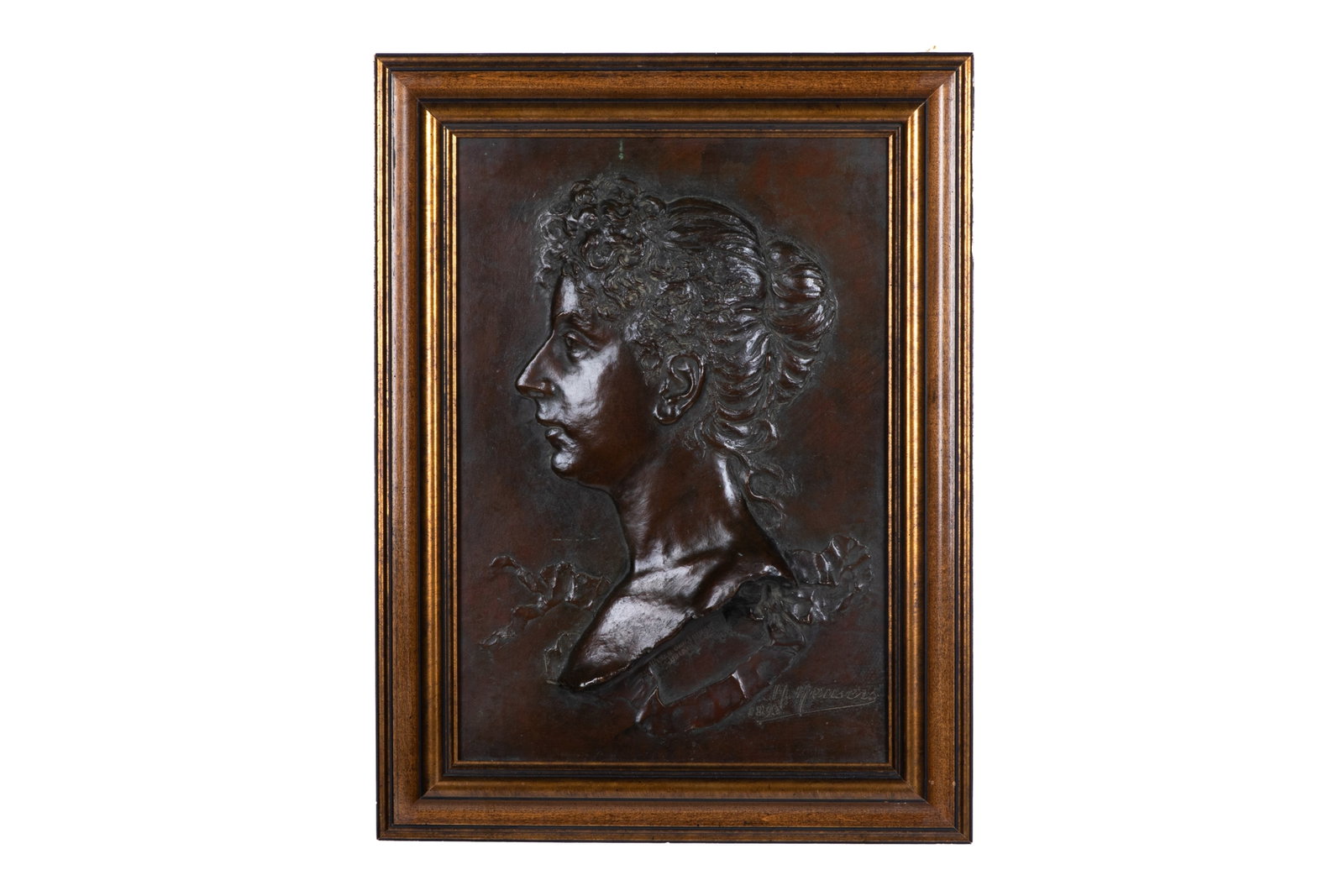 HERMAN HEUSERS (Belgium 1872-1938): Portrait Bust of a Woman in Profile J.Petermann Fondeur, signed and dated 1893 H. 18 1/4in x W. 12 7/8in