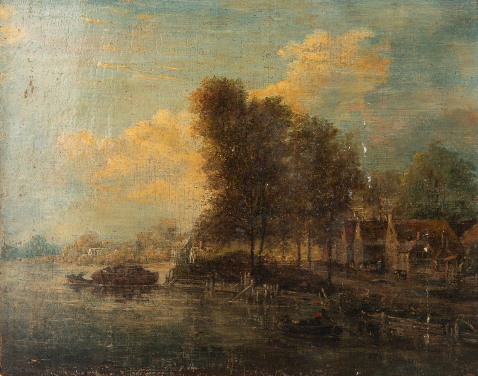 MANNER OF ADRIAEN VAN DE VELDE (Dutch, 17th C): Riverside town Oil on board H. 8" x W. 9 3/4"