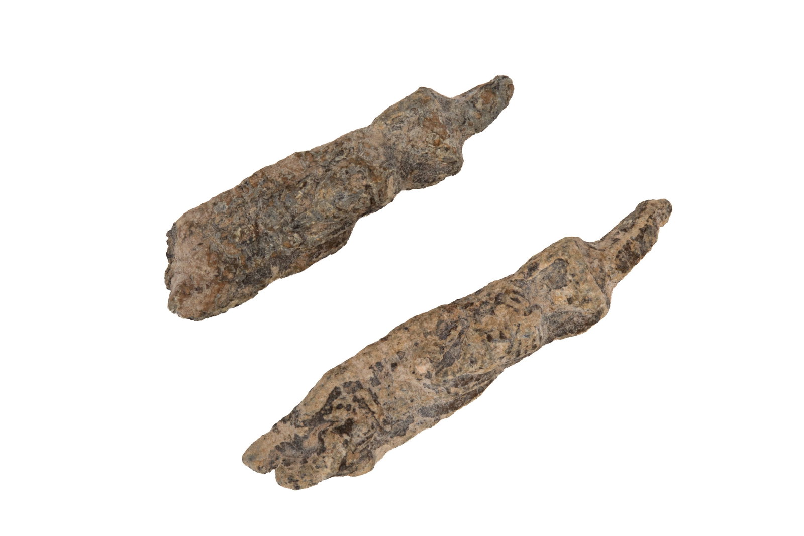 TWO BRONZE FIGURINES OF NEFERTUM, 1st mill. BCE: The god of perfume, beauty, and healing, he is often rendered wearing a lotus flower, sometimes with two plumes, as it was believed he renewed daily, embodying the scent and medicinal properties of a 