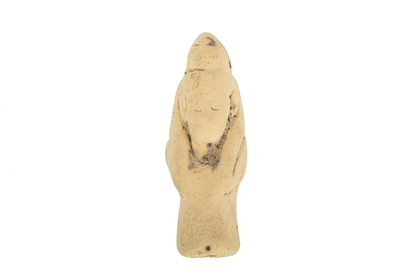 SMALL ANCIENT EGYPTIAN BUST OF ISIS: Showing only the head and shoulders, this small sculpture depicts Isis, Goddess, patroness of nature, magic, and healer. Known for bringing her husband Osiris back to life, she is a protector of the p