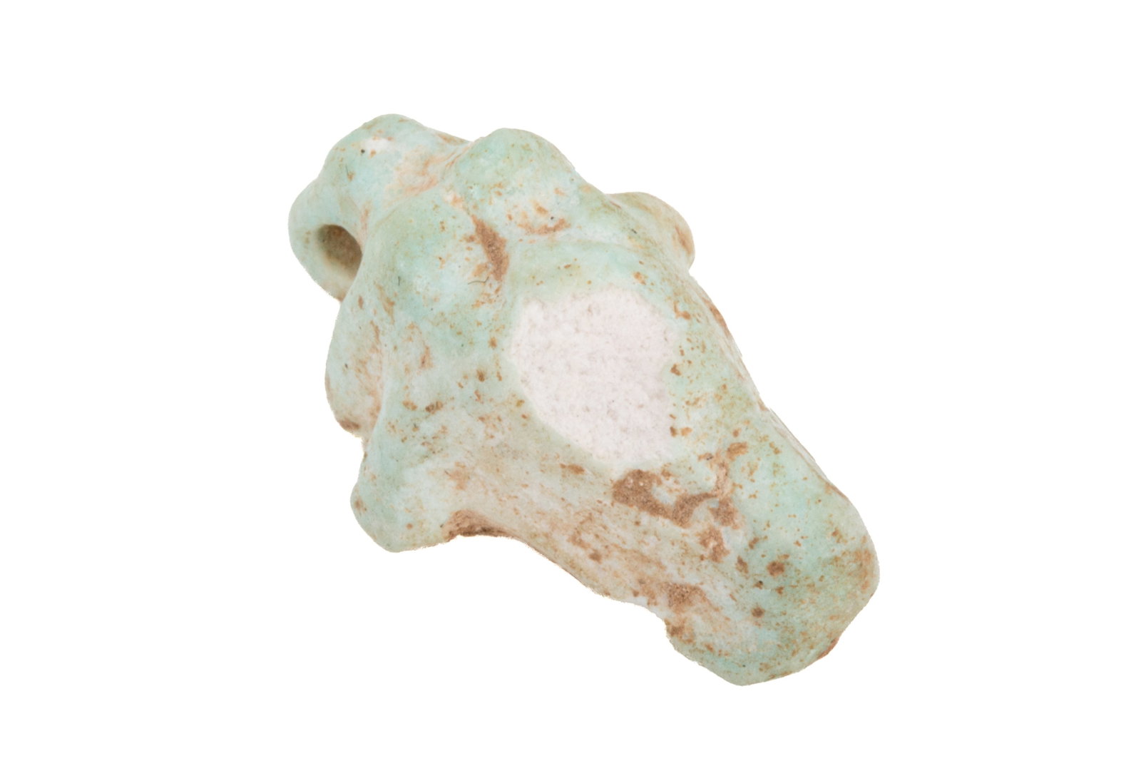 ANCIENT EGYPTIAN FAIENCE APIS BULL PENDANT: Dated to the New Kingdom (1550-1069 BCE), the sacred bull was revered as a manifestation of the creator god Ptah, and was later also attributed to Osiris and Ra. Two small horns protrude from the side