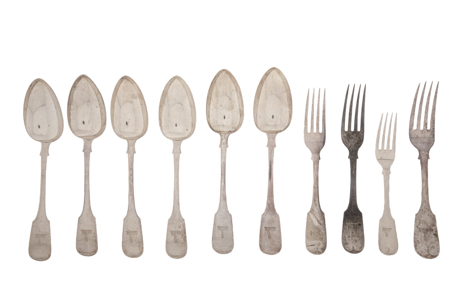 PIERRE LESPERANCE SILVER FLATWARE 786g: 10 mid 19th century sterling silver flatware pieces by Quebec silversmith Pierre Lesperance. Comprising of six tablespoons and three table forks and a dessert fork. All crested with the same crest. we