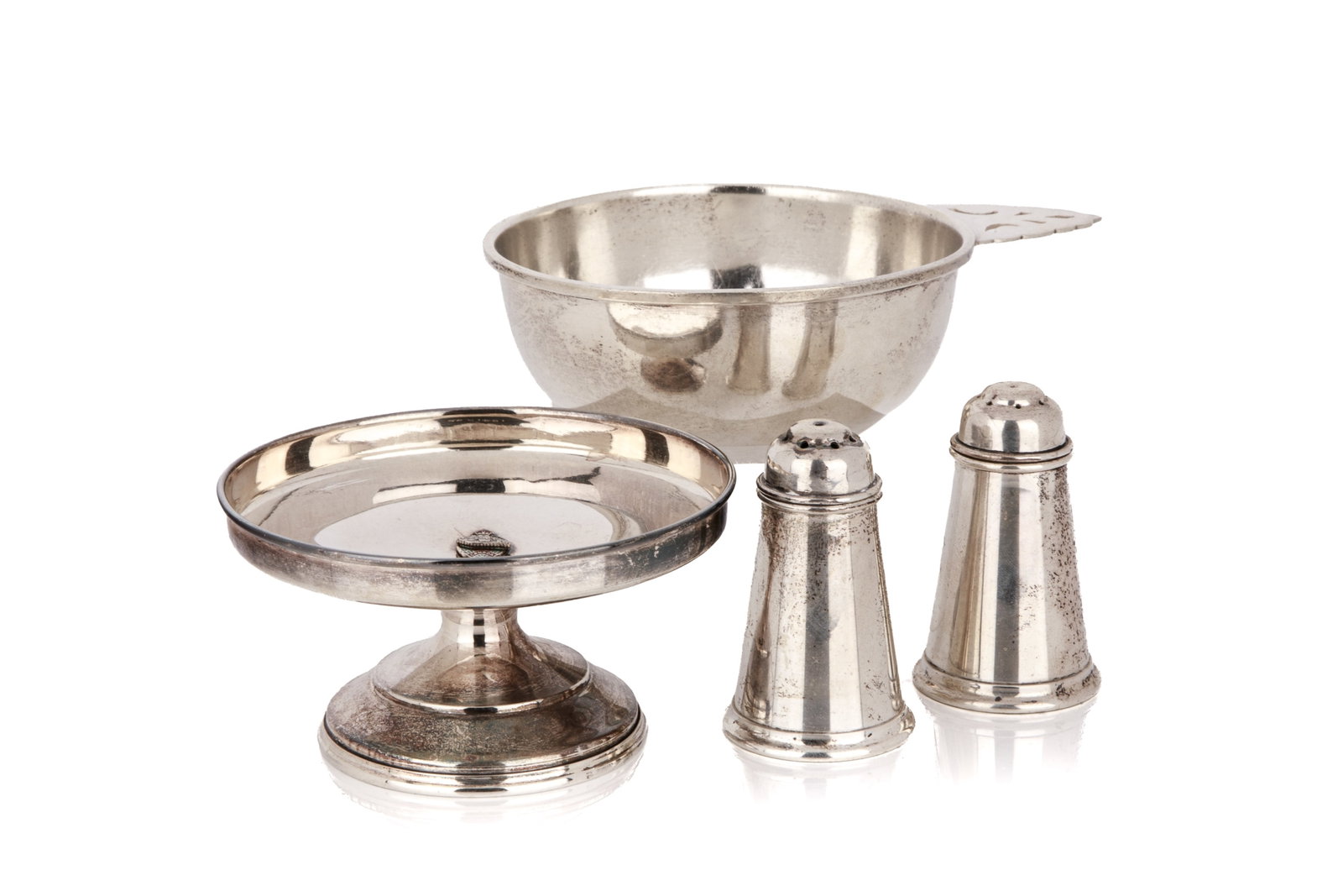 SILVER ITEMS BY HOUGHTON OF TORONTO 278g: A group of sterling silver items by Emerson Houghton of Toronto. Include are a pair of salt and pepper shakers, a child's porringer, and a small bowl as a trophy related to the Canadian Tank Corps. we