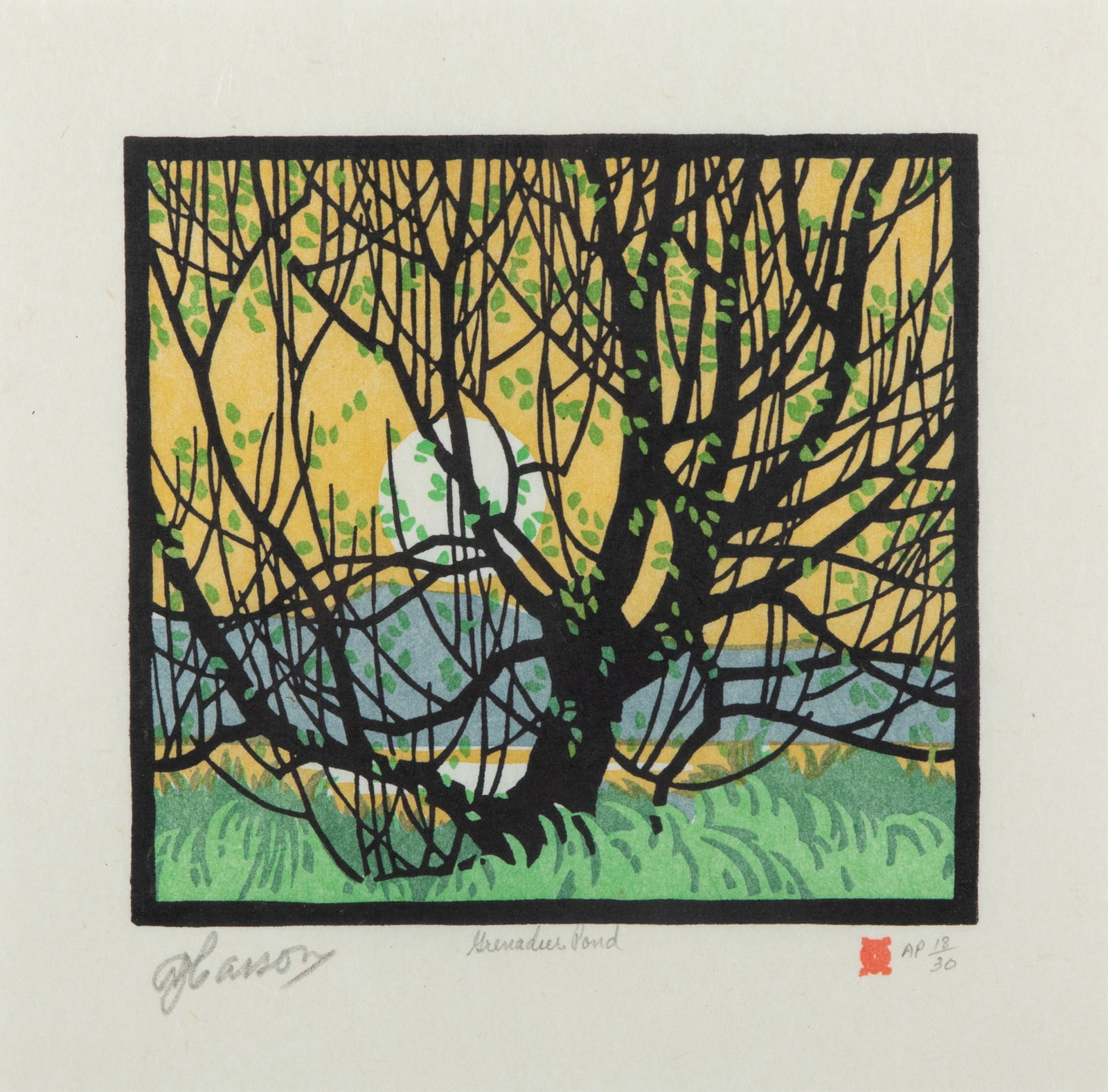 ALFRED JOSEPH CASSON (Canadian, 1898-1992): Grenadier Pond Four colour linocut AP 18 / 30 Signed bottom left Measurements (sight): H. 7 1/4" x W. 7 1/2"