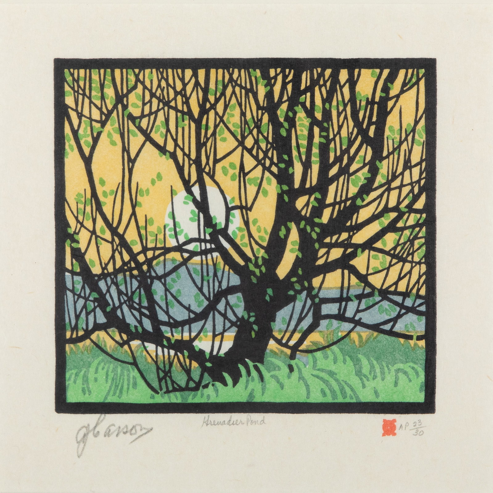 ALFRED JOSEPH CASSON (Canadian, 1898-1992): Grenadier Pond Four colour linocut AP 23 / 30 Signed bottom left Measurements (sight): H. 7 1/4" x W. 7 1/2"
