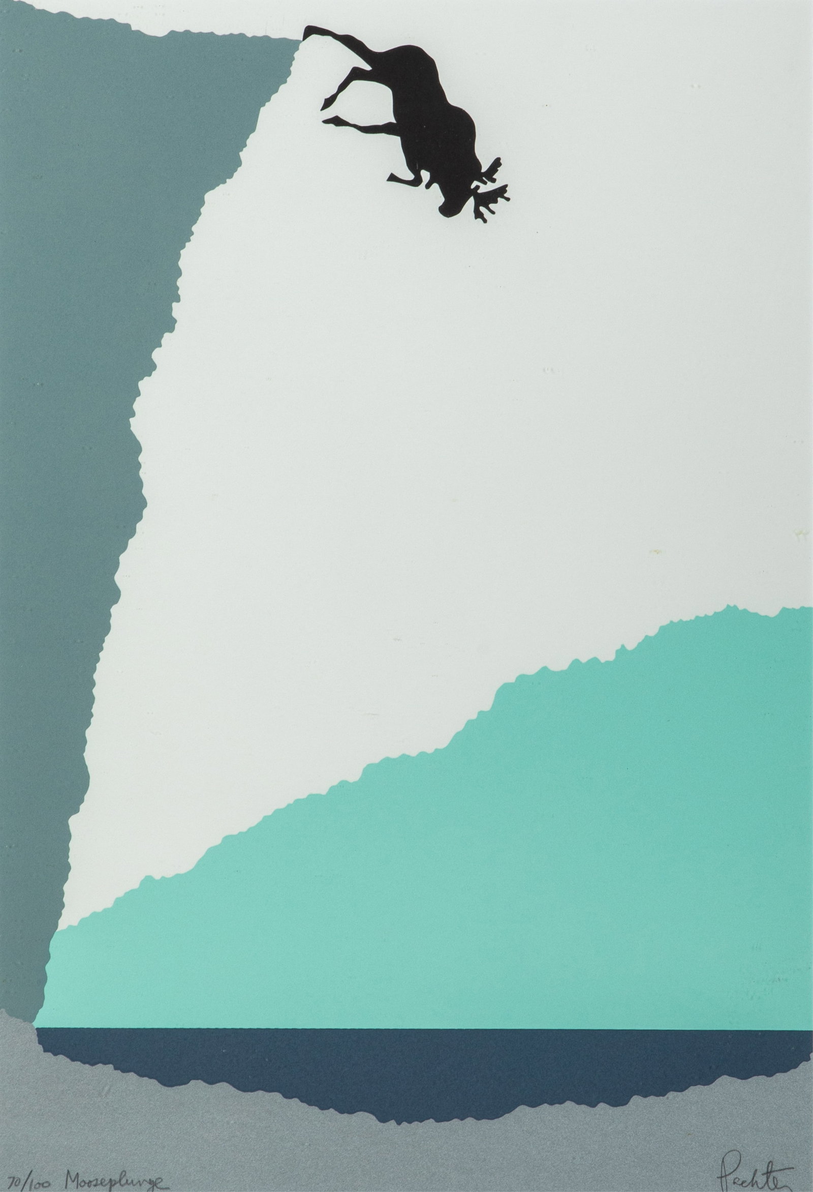 CHARLES PACHTER (Canadian, b. 1942): Mooseplunge" (1976) Lithograph in colors Ed. 70 / 100 Signed, numbered, and titled in bottom margin Framed measurements: H. 32 1/2" x W. 24 3/4