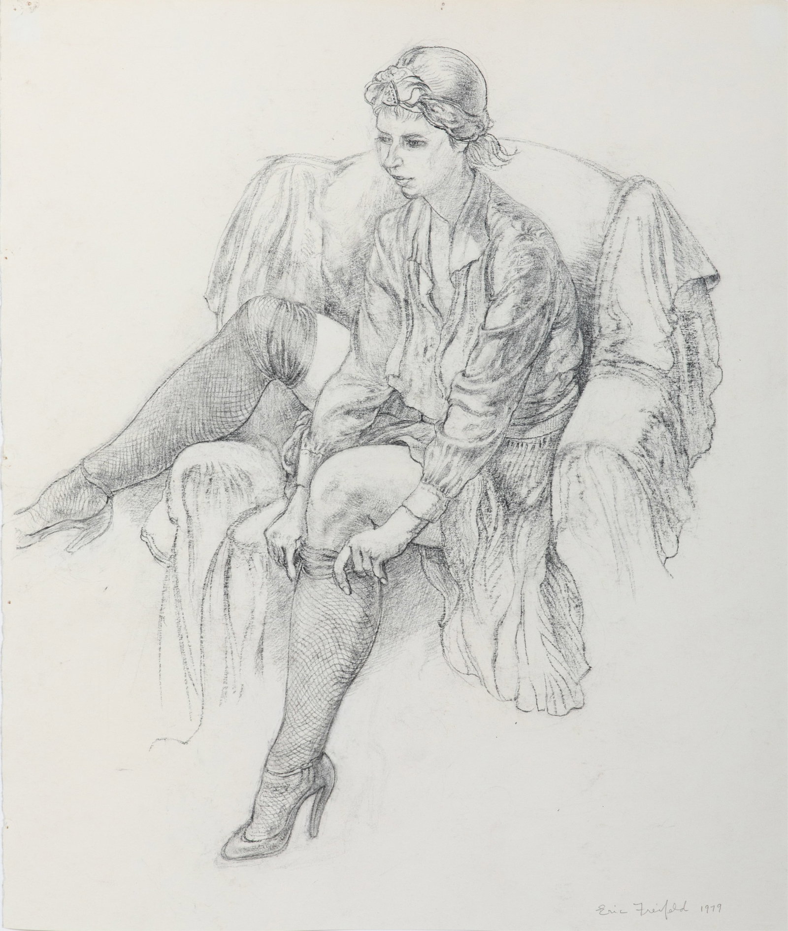 ERIC FREIFELD (Russian / Canadian, 1919-1984): Untitled (woman dressing) (1979) Graphite on paper Signed and dated bottom right H. 21 1/4" x W. 18"