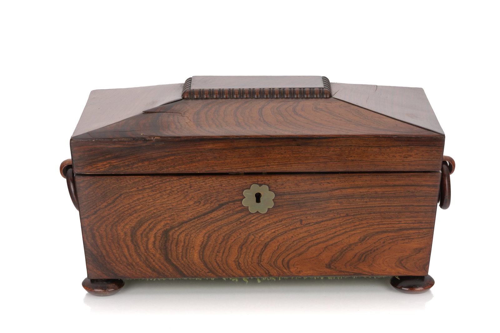 FINE GEORGE III REGENCY PERIOD TEA CADDY: A Regency-period tea caddy, featuring a hinged lid opening to a tufted red velvet-lined interior, which houses two removable wooden storage canisters. The exterior is elevated on feet and fitted with 