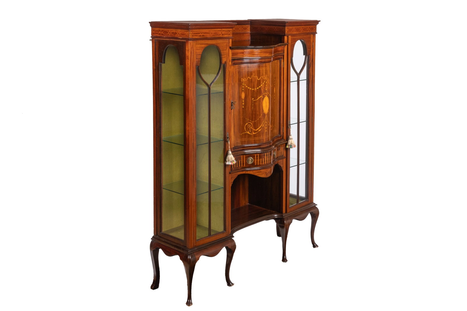 ENGLISH ART NOUVEAU MAHOGANY DISPLAY CABINET: Edwardian period with fine detailed inlay, Mahognay and Satinwood. By Ernest Moss of Barnsley. H 69in x W 53in x D 20in