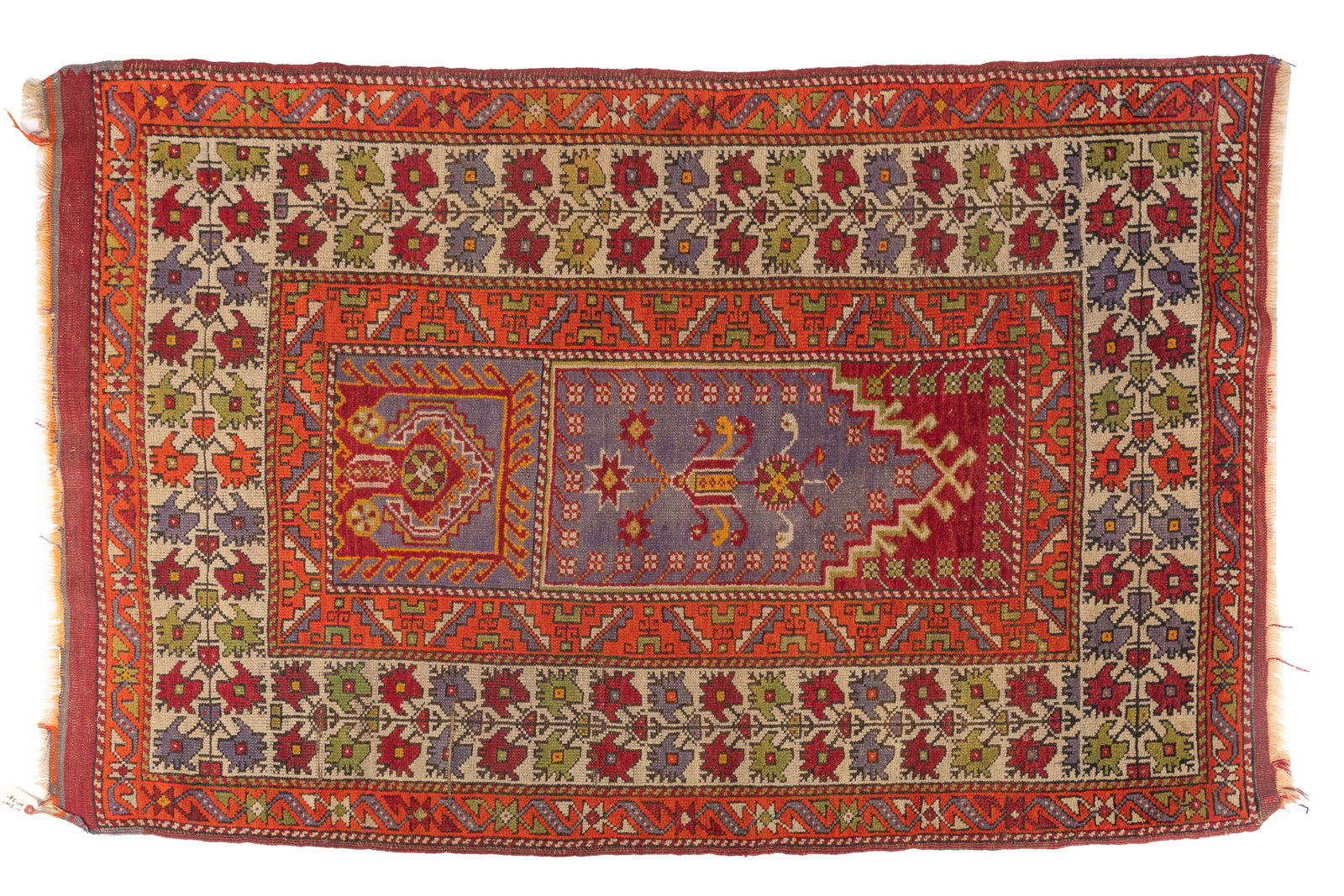 SEMI ANTIQUE TRIBAL RUG: purple and red prayer rug design with orange border. 5' 10" x 3' 8"