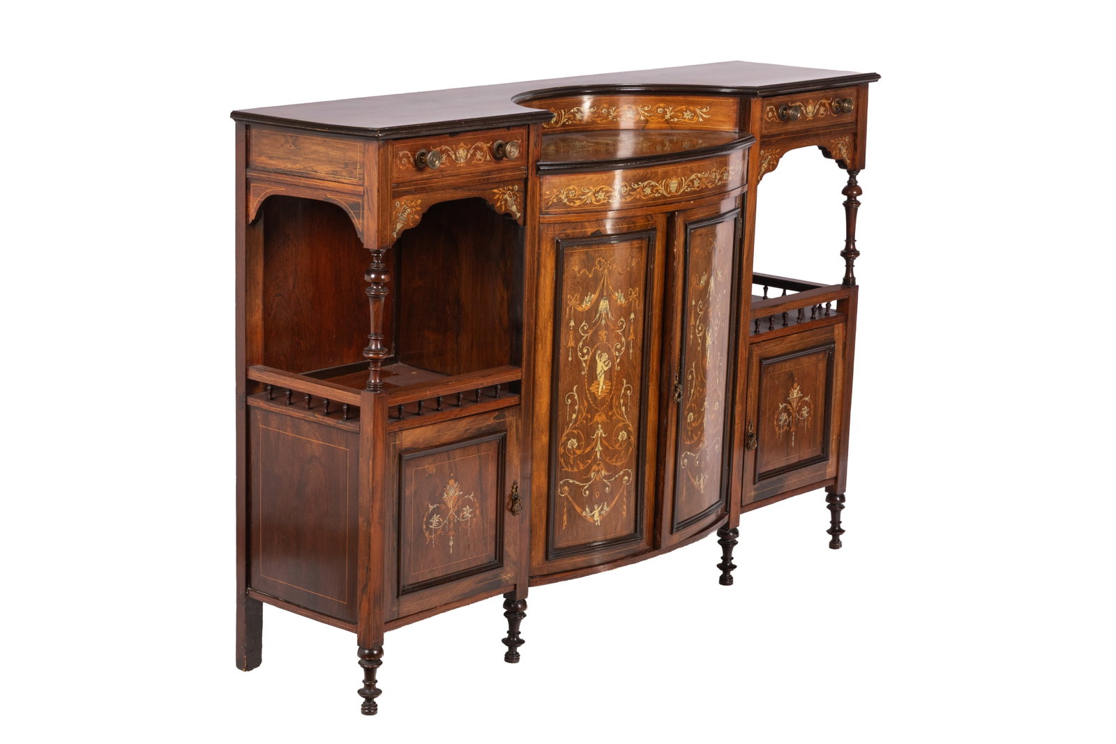 EDWARDIAN ENGLISH ROSEWOOD BUFFET CABINET: Mixed neoclassical inlay decoration on the front cupboard doors and drawers, English, late 19th, early 20th C. H 42in x W 59 1/2 x D 15in