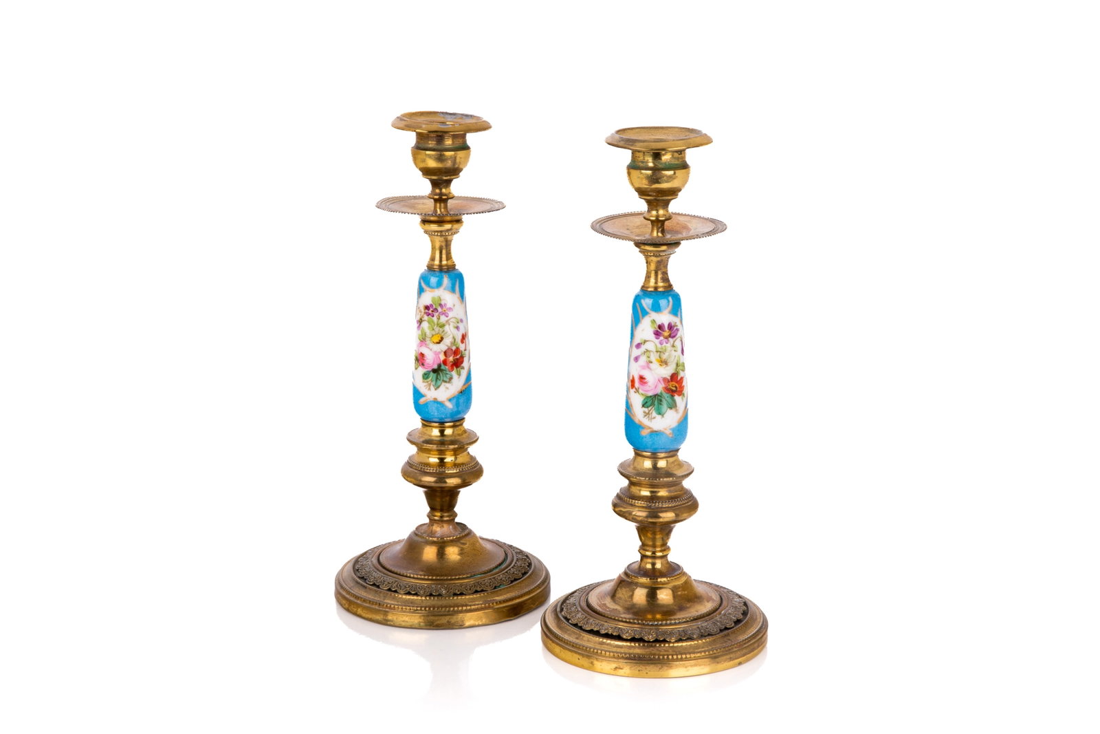 PAIR OF FRENCH BRASS AND PORCELAIN CANDLESTICKS (1 of 3)