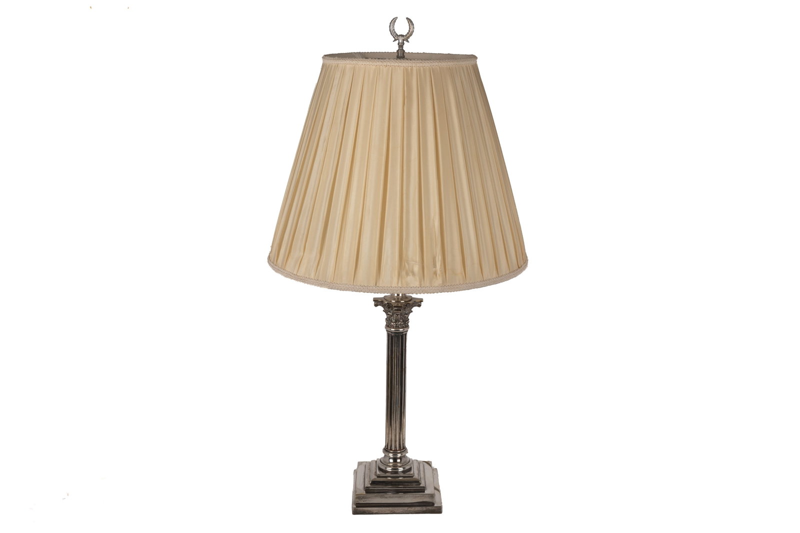 SINGLE SILVERED METAL ANTIQUE COLUMN AS LAMP: Silvered metal Corinthian capitals with fluted columns as a lamp. H. 21in Overall H. 35in