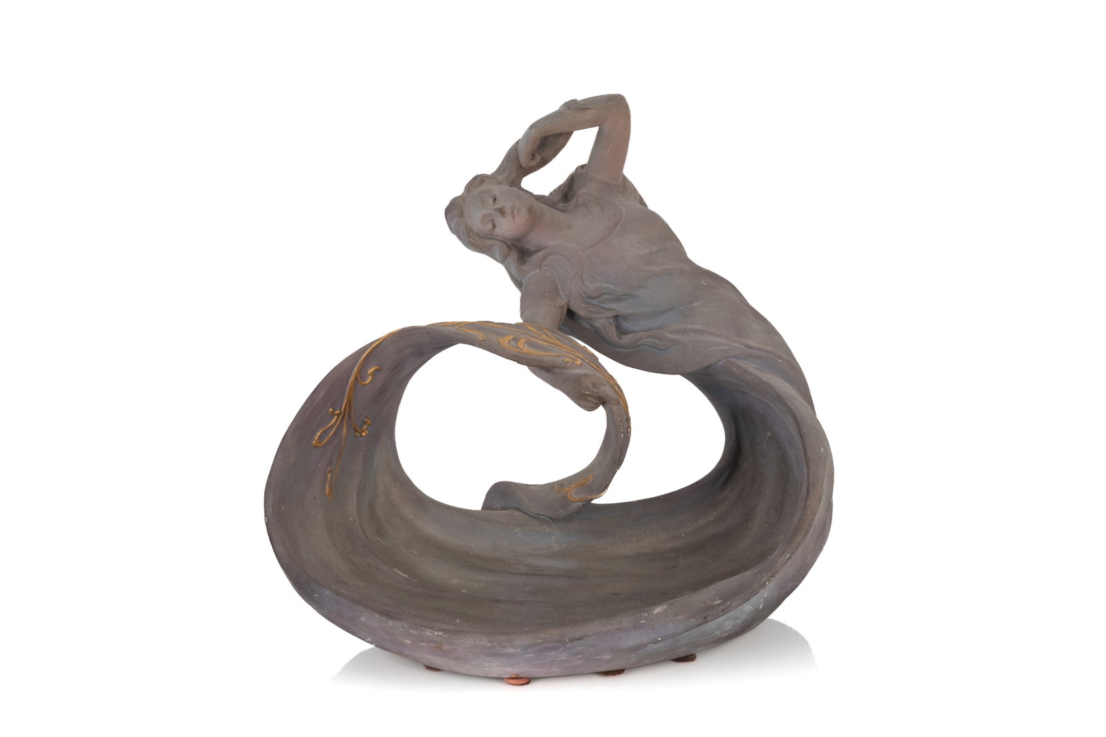 FRENCH ART NOUVEAU AMPHORA FIGURAL VIDE-POCHES: Early 20th century. Underside stamped with a seal for "TEINTE FRANCE CHARENTON BREVET? S.G.D.G.", numbered "725", and marked "MADE IN FRANCE". H. 11 3/4 in x W. 15 in (30cm x 38cm)