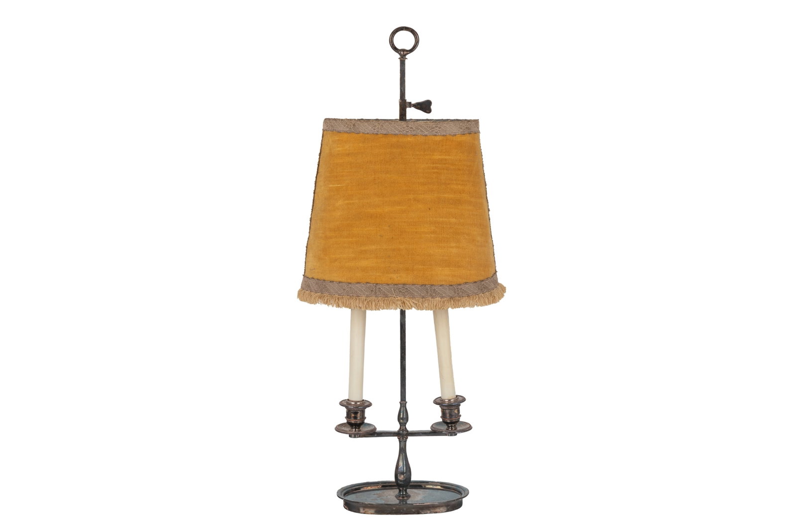 ANTIQUE SILVERED LAMP: Retaining a T. Eaton Co. label to the underside. To bottom of lampshade H. 11in (27.9cm) To top of lampshade H. 25in (63.5cm)