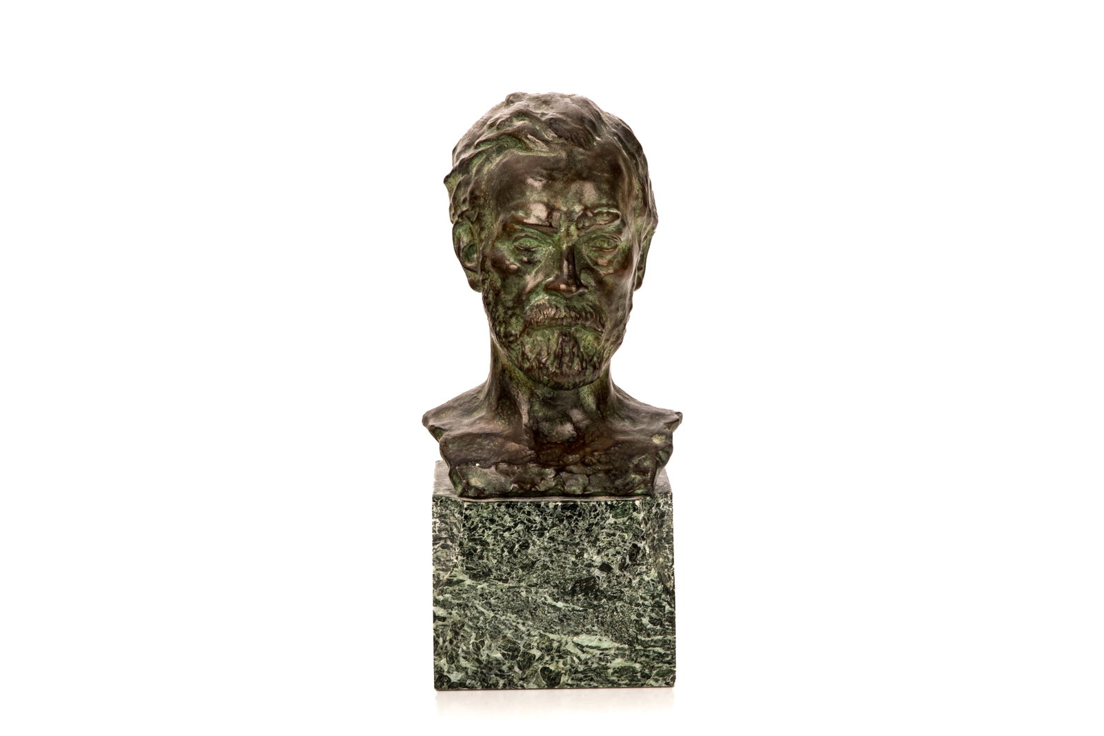 BRONZE BUST OF A BEARDED MAN BY FADY: A bronze portrait bust of a bearded man raised on a green marble base. H. 12 1/4in (31.1cm)