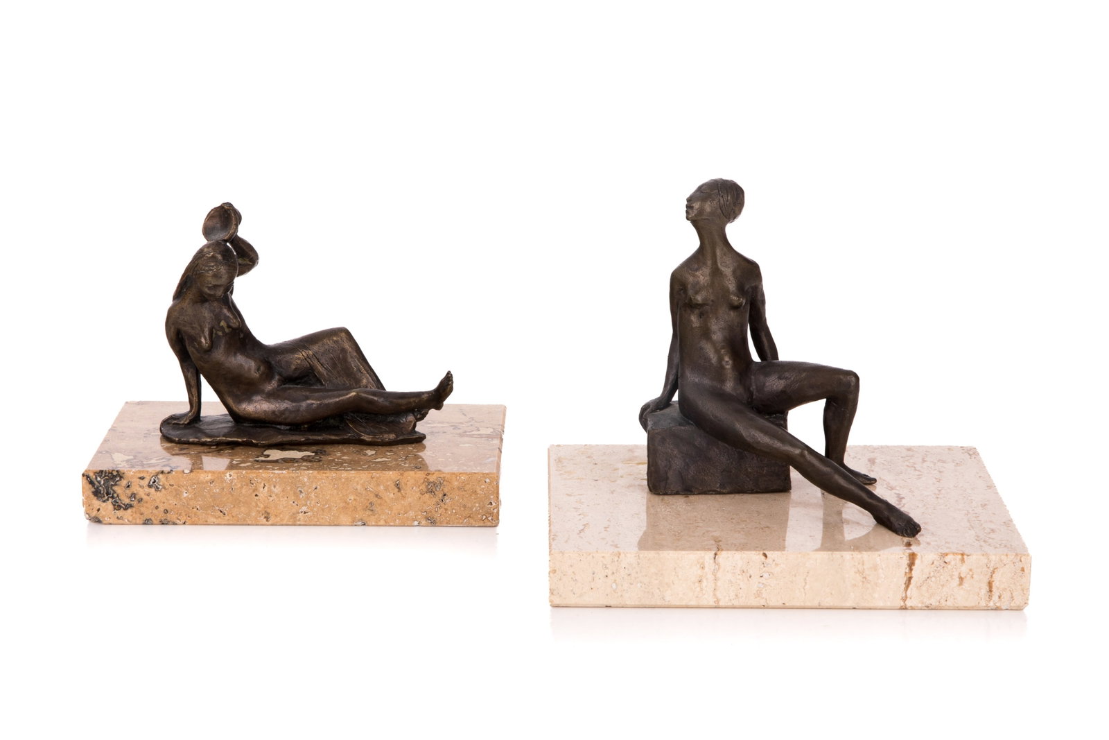 DORA DE PEDERY-HUNT (Hungarian-Canadian 1913-2008): Two female nudes Bronzes on marble bases Both signed on bases H. 5 1/2 in x L. 2 5/8 in (14cm x 6.7cm)