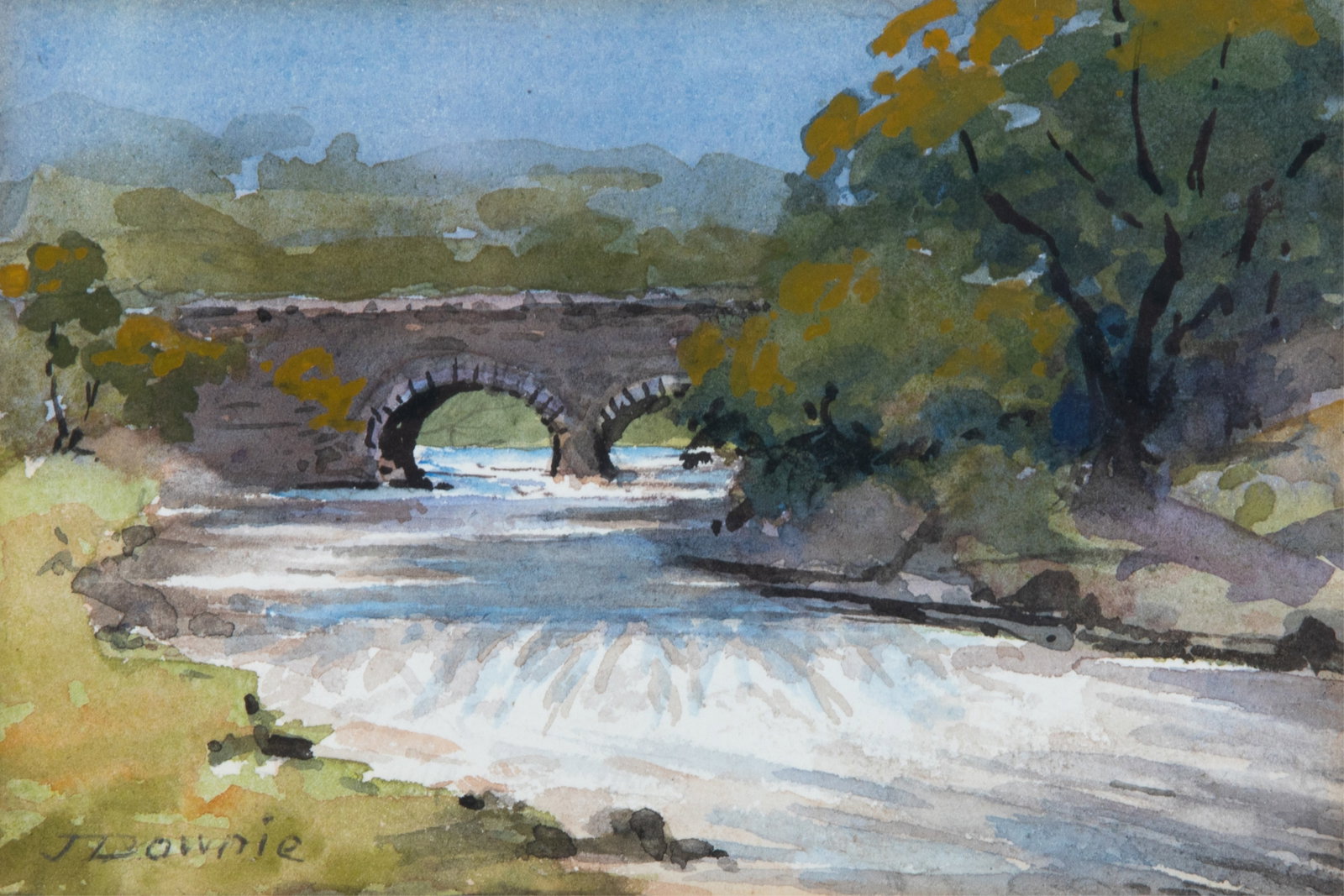 JOHN PATRICK DOWNIE (Scottish, 1871-1945): Bridge Watercolour Signed bottom left Signed and inscribed by artist on verso of frame Sight measurements: H. 4 1/8" x W. 6 1/8"
