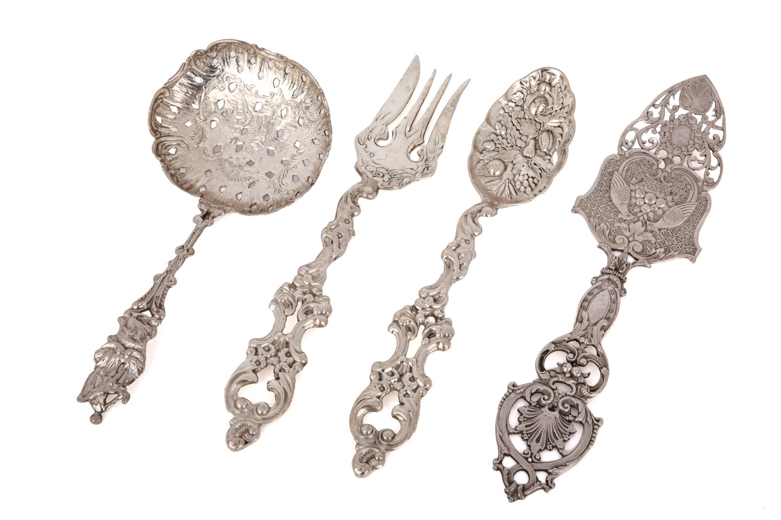 DUTCH FIGURAL CAST SILVER SERVING SERVERS 356g: Includes a serving spoon, a serving fork, a pierced serving slice, and a sifter spoon. Each elaborately decorated with repouss? and pierced scrolls, foliage, and fruit motifs. Overall weight 356grams