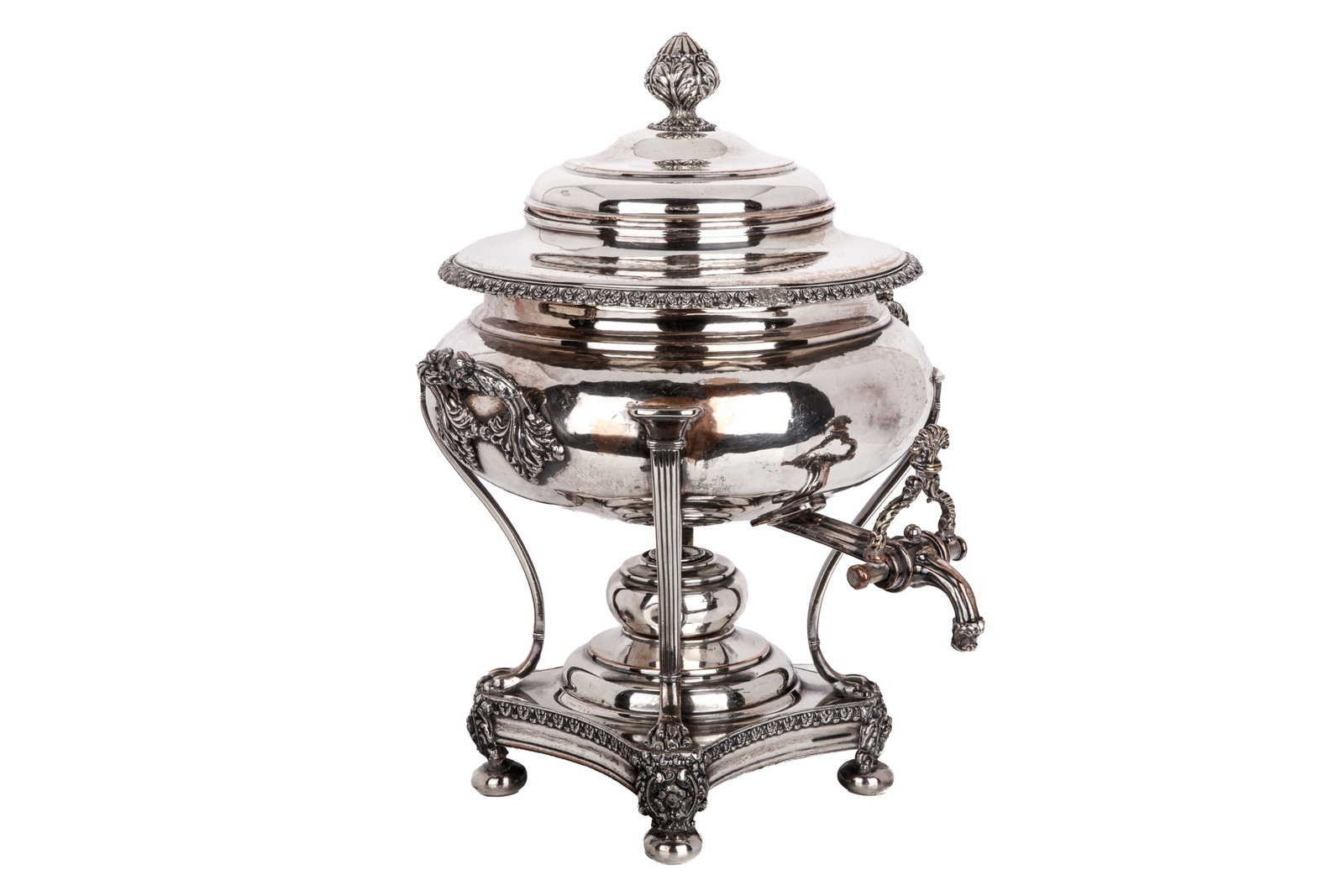 SHEFFILED SILVER PLATED WATER TEA URN: A silver-plated water urn on a matching warm stand. The body features a brightly polished finish, flanked by two heavily detailed scroll handles. A highly raised, gadroon border motif encircles the ri