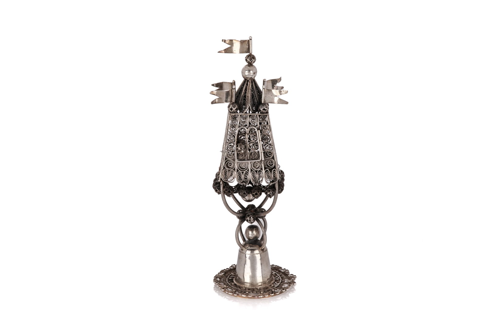 ANTIQUE FILIGREE SILVER HAVDALAH SPICE TOWER, 214g: Squared filigree body and base with five flags and hanging bells, probably European, 19th C, Engraved Hebrew initials to the base.H 23cm (9in) 214g