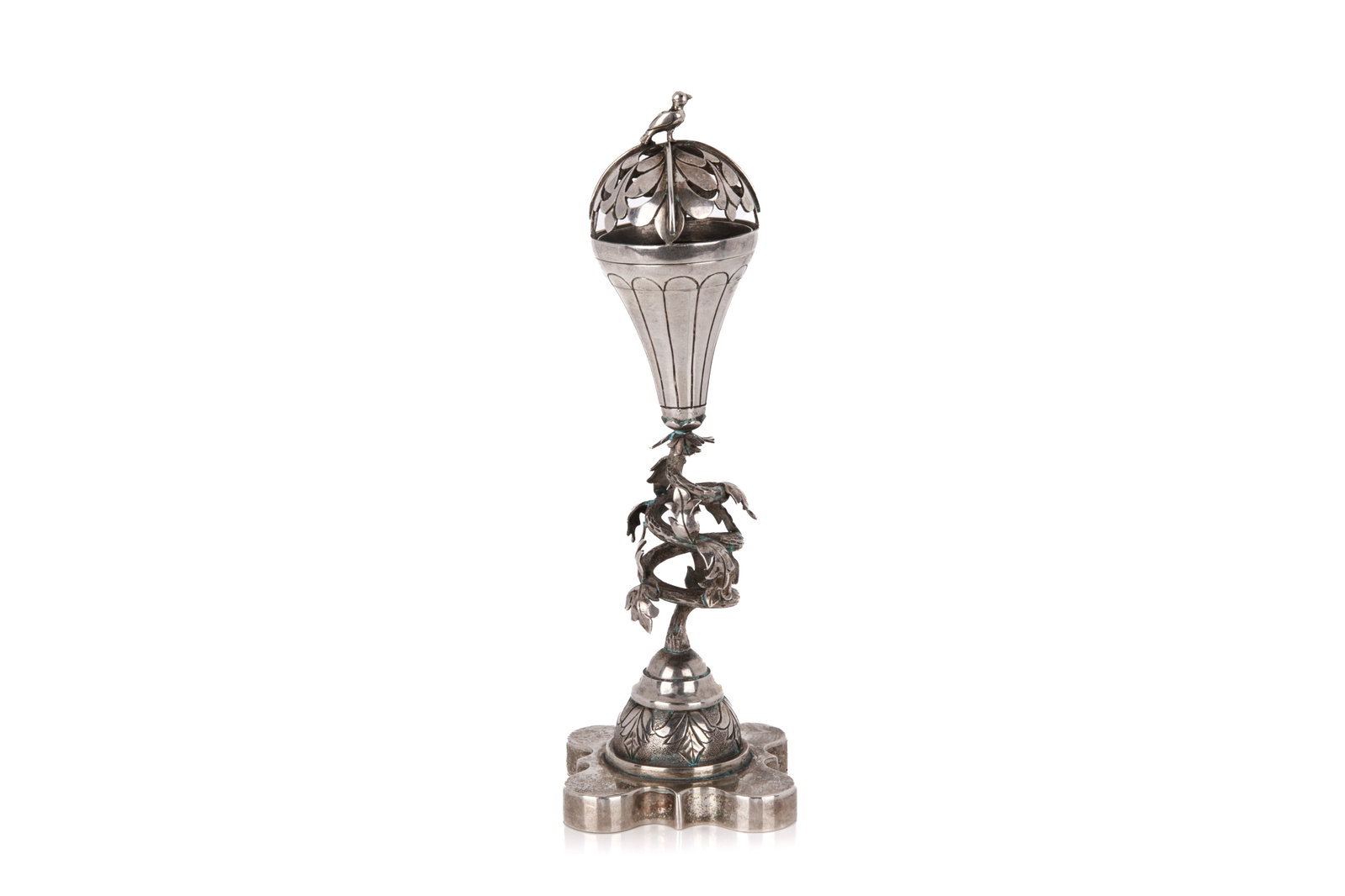 19th C CONTINENTAL SILVE SPICE TOWER: Quatrefoil base with foliate stem and pierced top accented with a bird finial. H 13cm (5 1/4in)