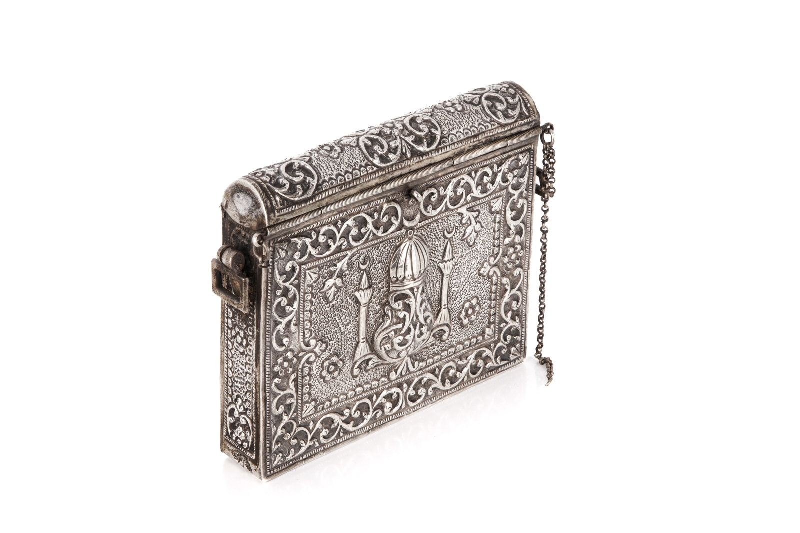 19th C TURKISH OTTOMAN REPOUSE SILVER CASE: Mosque on one side and a Star of David on the reverse, identified by Christies as a Quran case.H 4 3/4in (12cm) x L 5 1/2in (14cm) x D 1in (2.5cm) Weight 307g