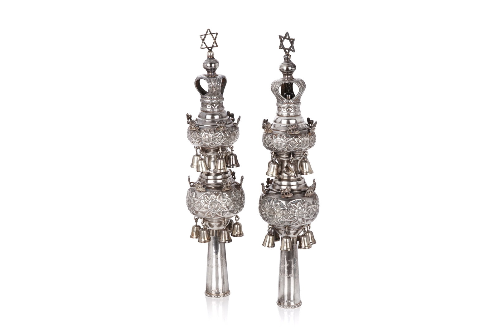 PAIR OF ENGLISH SILVER RIMONIM TORAH FINIALS: Dedicated to Goldie Jeff Bernstein. Maker Sigmund Zyto, London, 1923. H 16in (40.5cm) Weight 908g