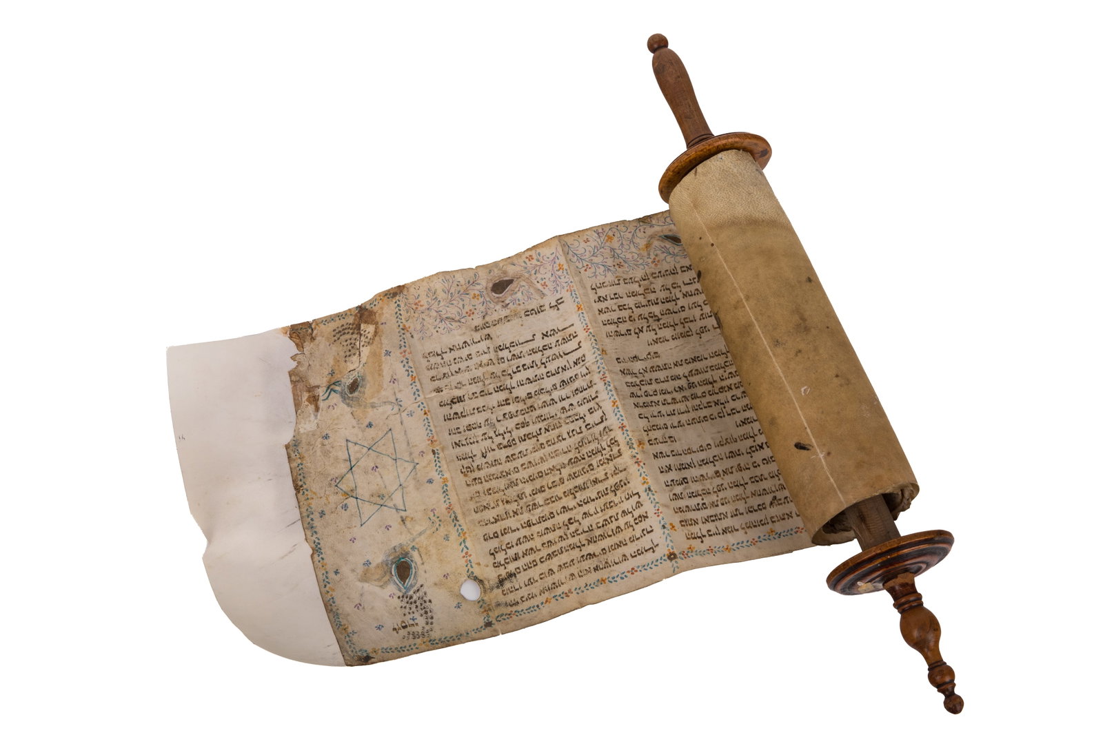 BOOK OF ESTHER ILLUMINATED SCROLL: Painted on a parchment scroll in Hebrew text with floral details and the Star of David, olivewood turned handles. Overall L with handles 51cm (20in)W of scroll 26cm (10in)