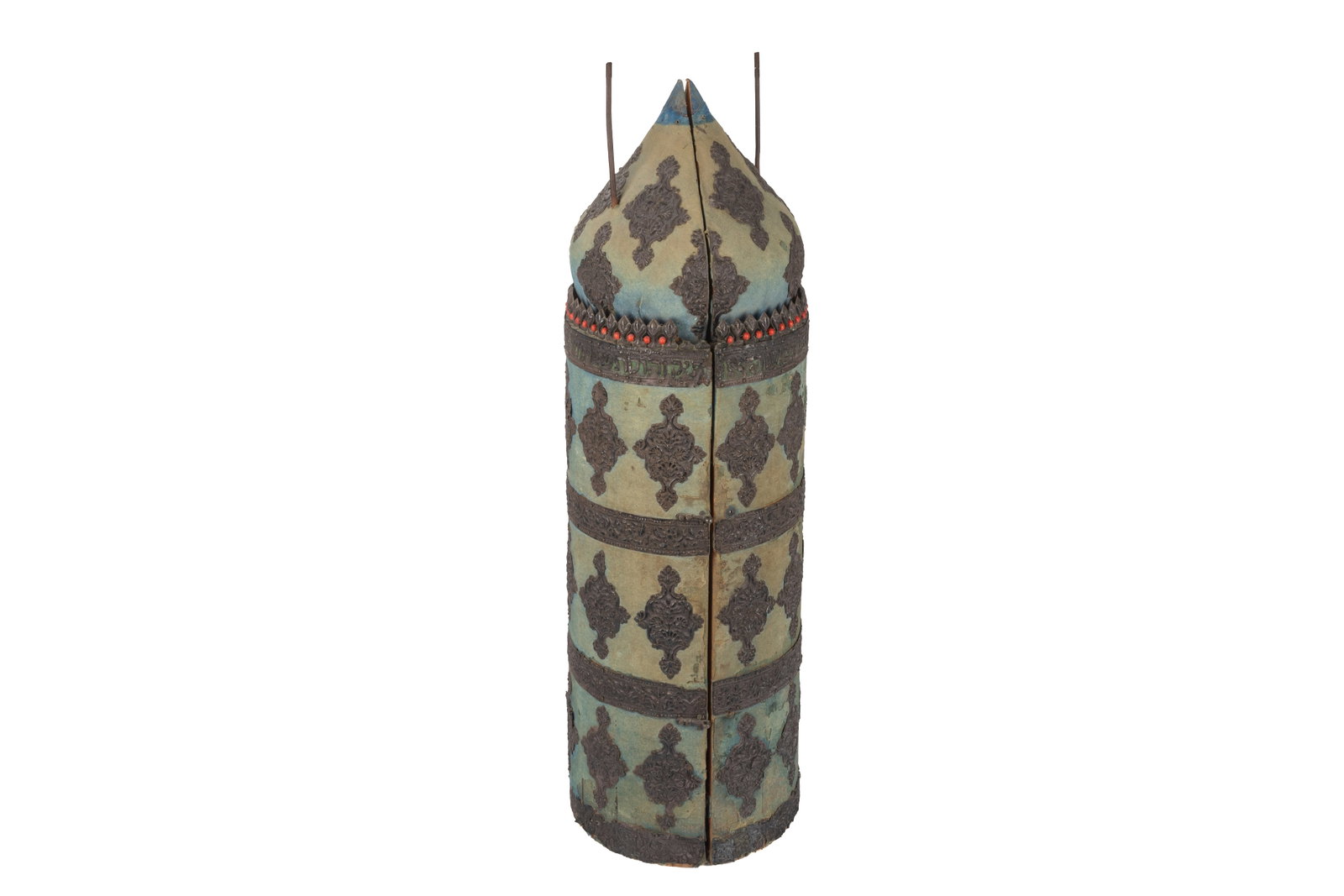 19th C MIDDLE EASTERN SILVER MOUNTED TORAH CASE: Blue fabric exterior with mounted silver applique and coral coloured beads, Hebrew text banding. Fabric lined interior with painted Hebrew dedication painted inside thewood case. Probably Iraqi, 19th 
